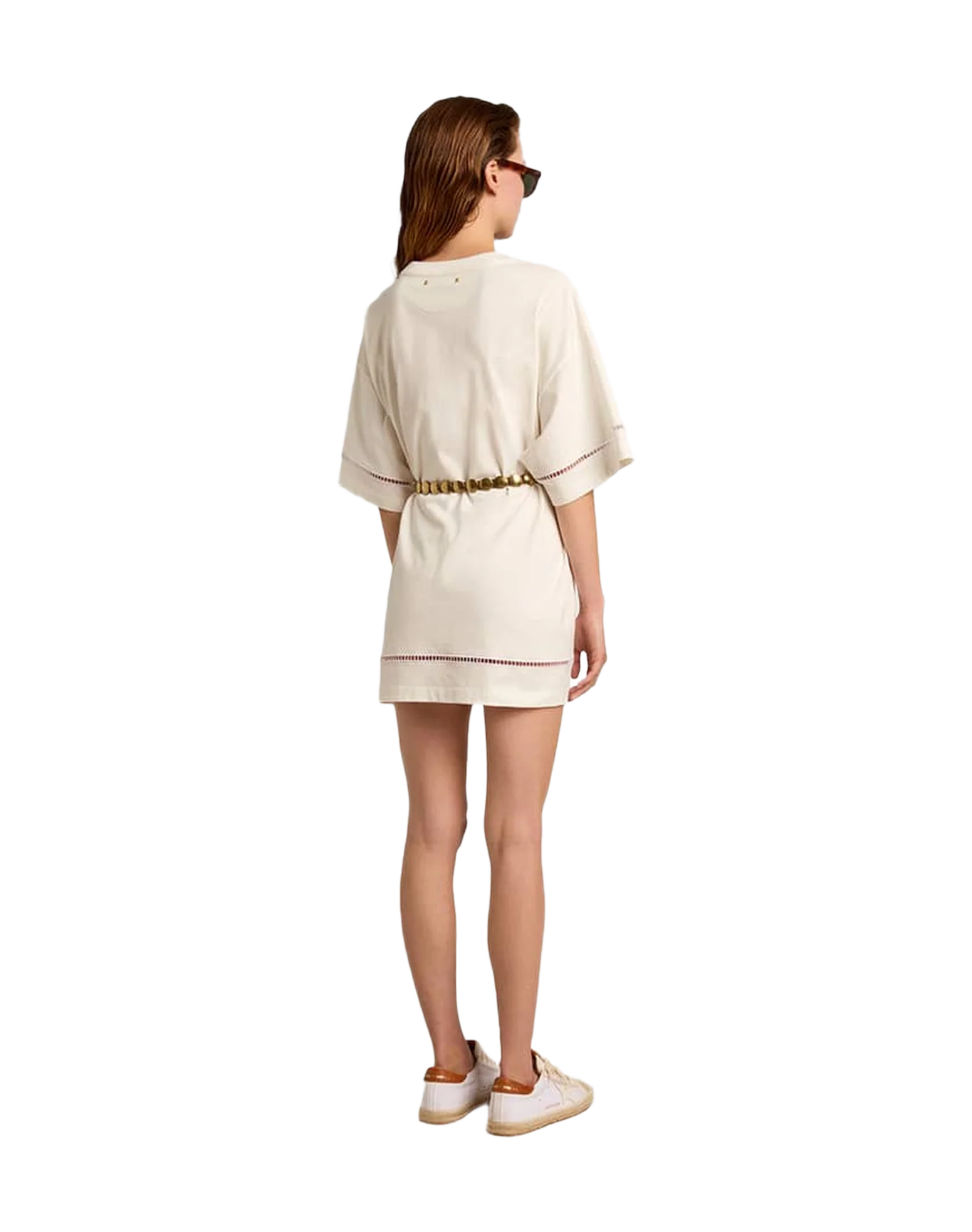 Women | White Cotton T-Shirt Dress with Belt | Vintage White - Image 11
