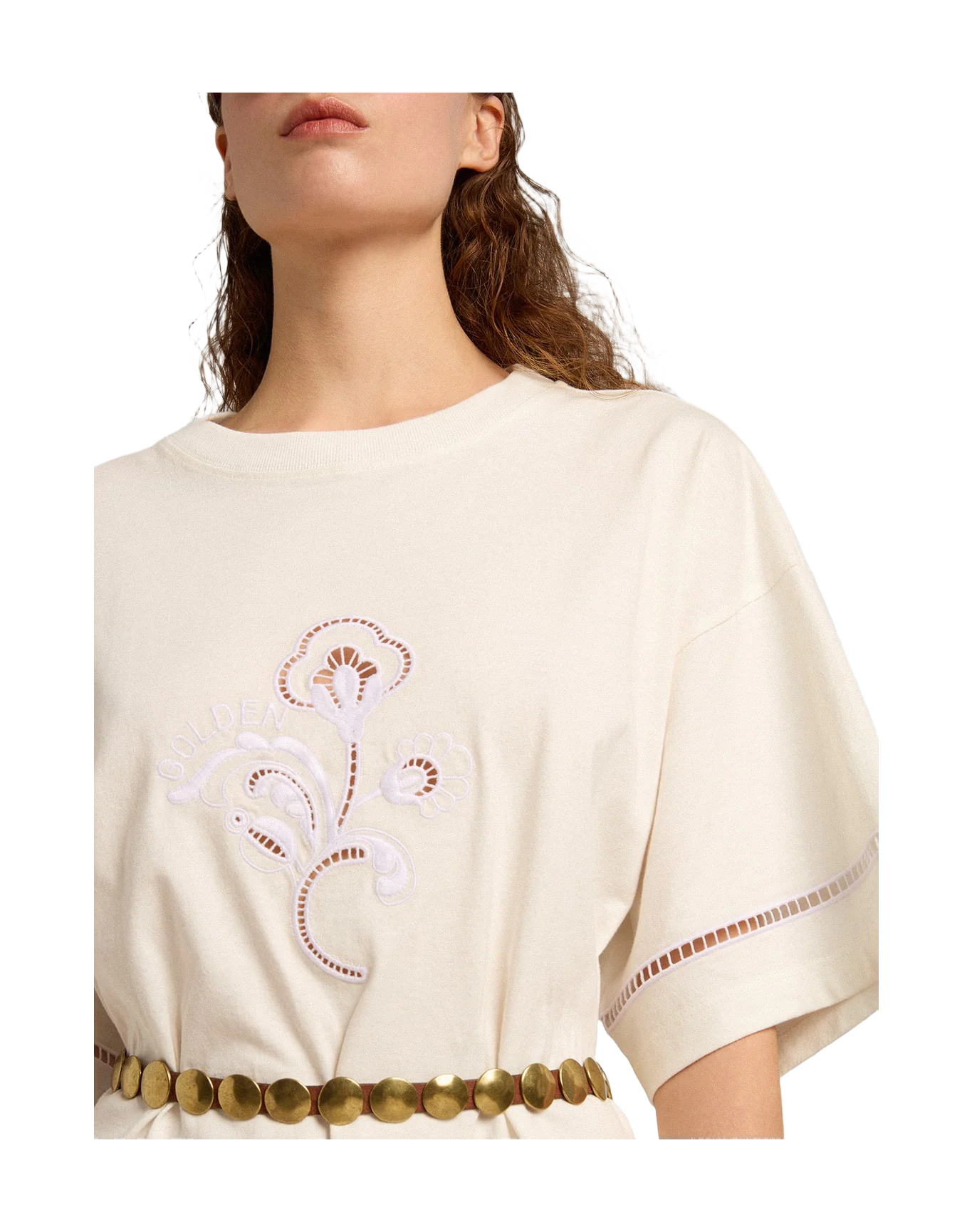 Women | White Cotton T-Shirt Dress with Belt | Vintage White - Image 3