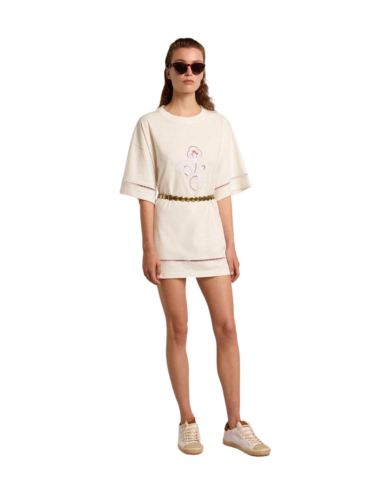 Women | White Cotton T-Shirt Dress with Belt | Vintage White - Image 6