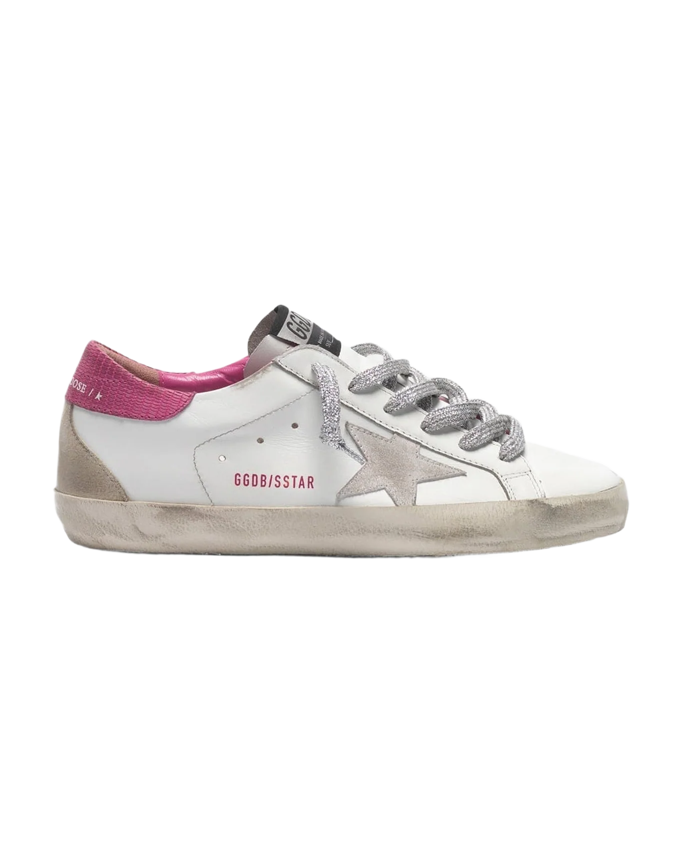Women | White Super-Star Sneakers with Fuchsia Lizard-Print Heel Tab