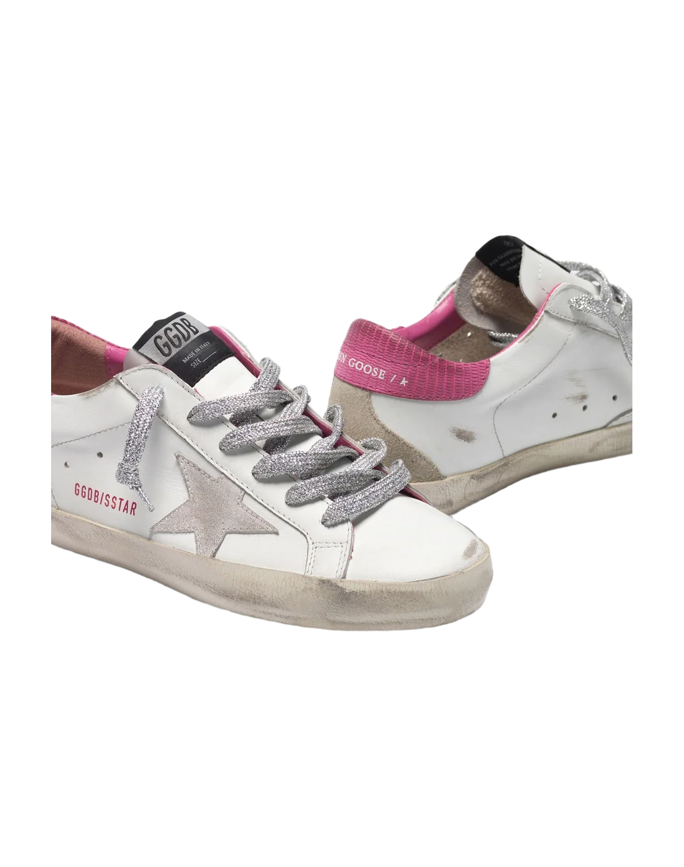 Women | White Super-Star Sneakers with Fuchsia Lizard-Print Heel Tab - Image 2
