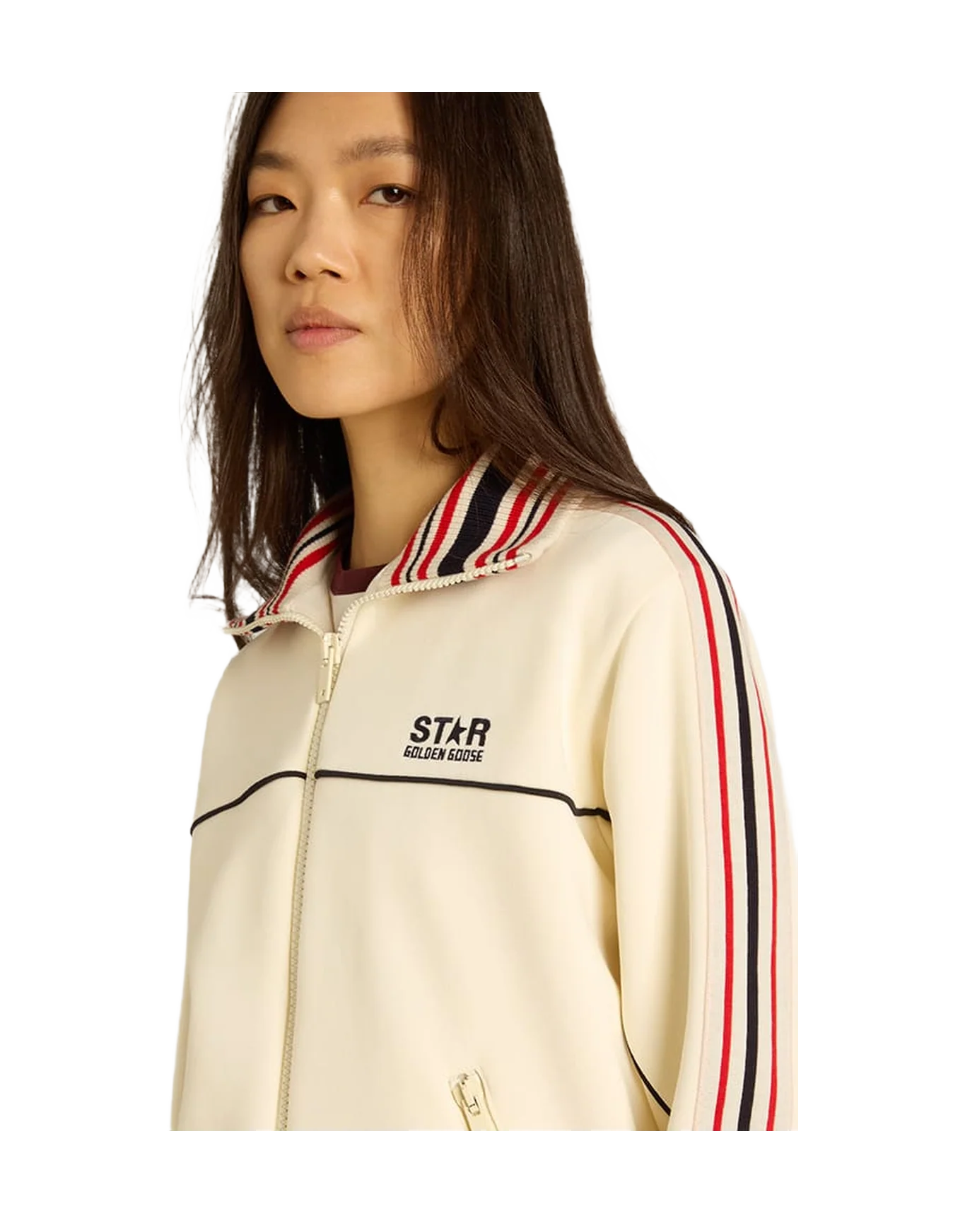 Women | White Zipped Sweatshirt with White Side Strips | Papyrus x Dark Blue - Image 2