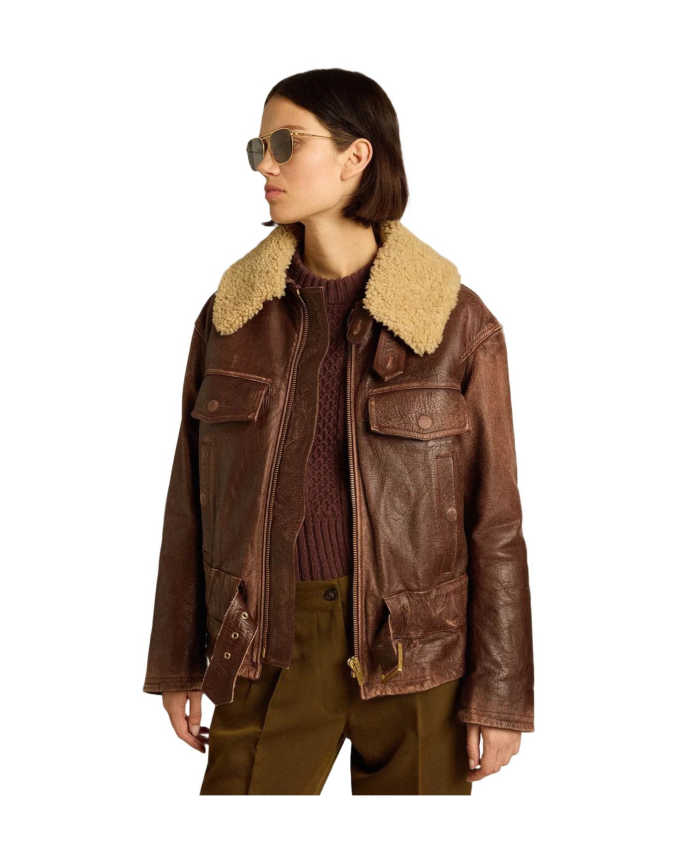 Women | Wood-Colored Jacket with Detachable Shearling Collar | Sassafras - Image 12