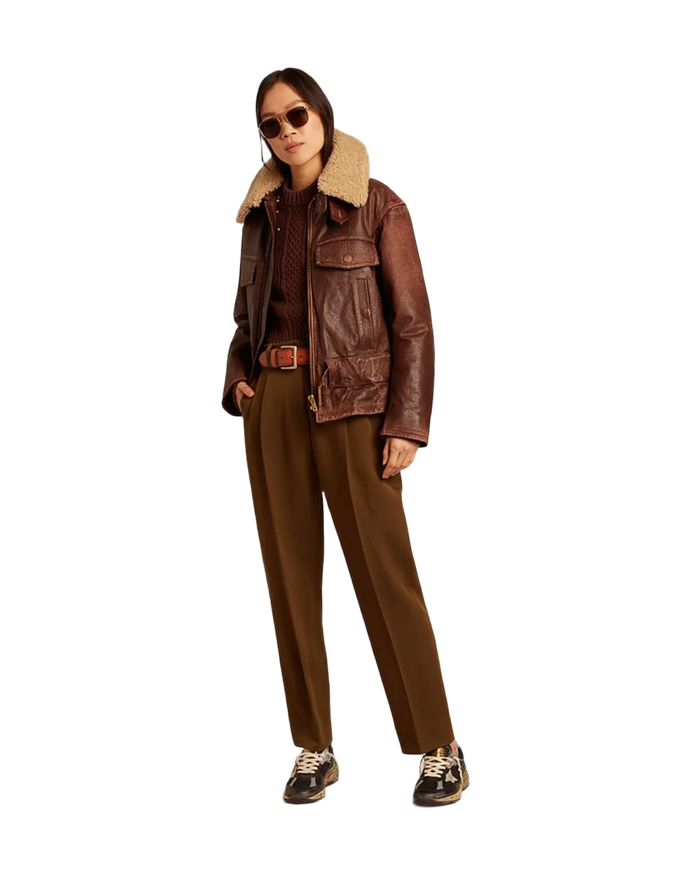 Women | Wood-Colored Jacket with Detachable Shearling Collar | Sassafras - Image 8