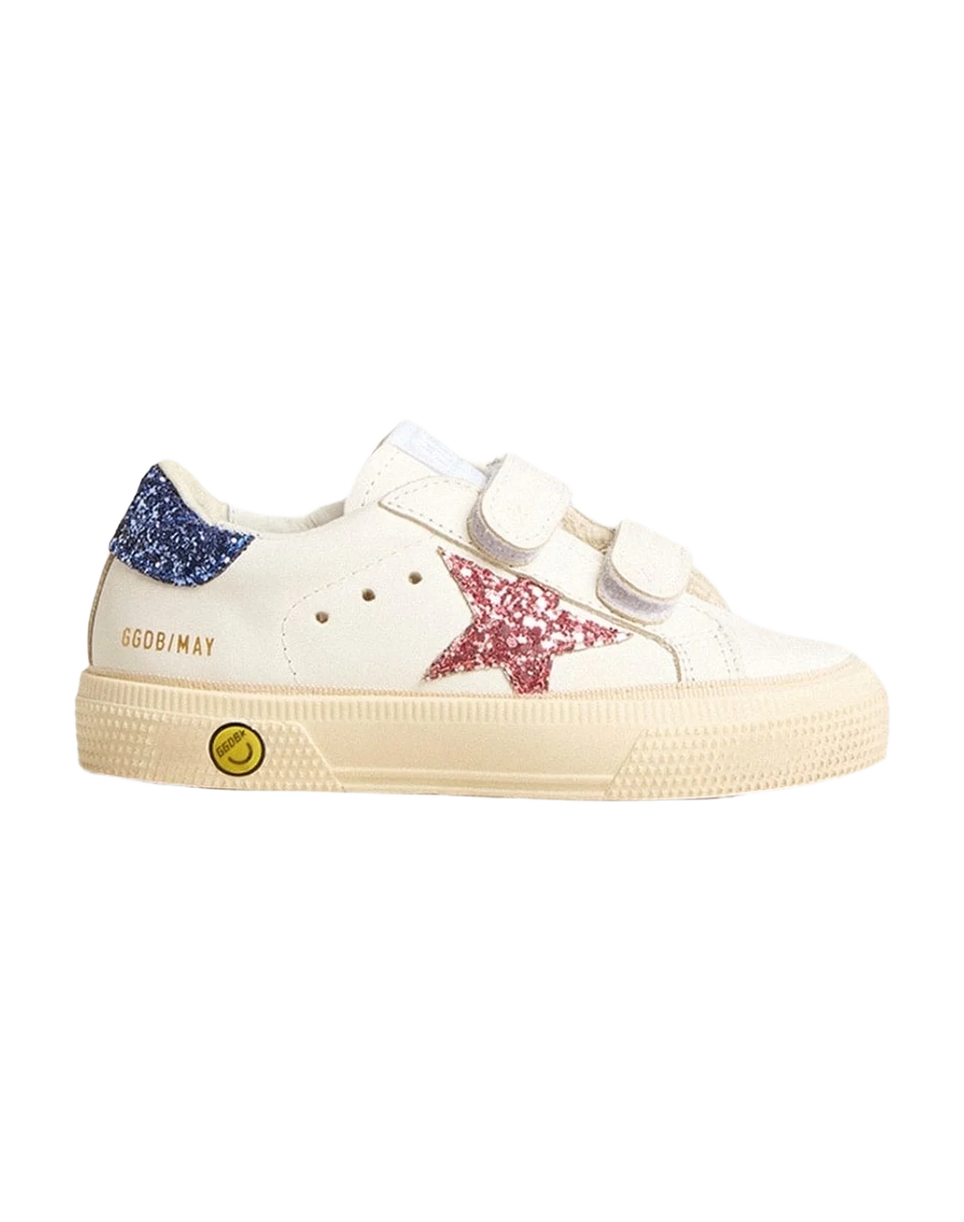 Girl | Junior May School Leather with Glitter Star & Heel Tab | White x Light Blue x Pink (V1) - Image 4