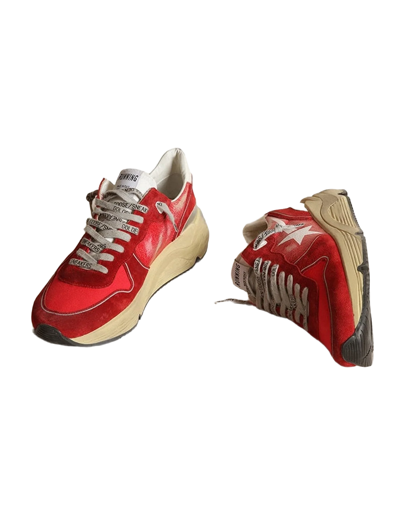Men | Running Sole Sneakers Crackle Leather with Suede Inserts & Screen Printed Star | Red x White x Silver (V1) - Image 2