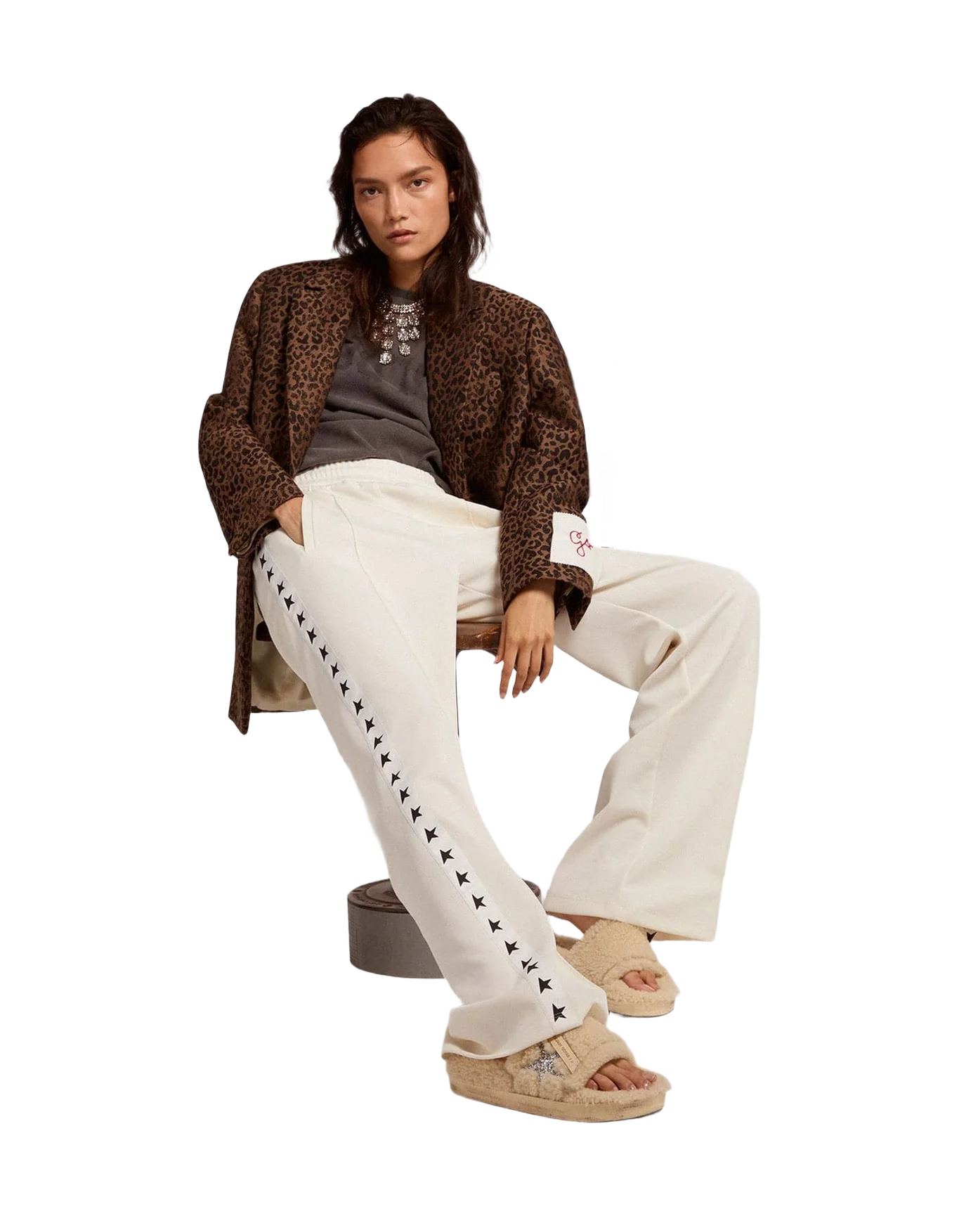 Women | Poolstar Shearling with Glitter Star | Beige x Silver (V1) - Image 9
