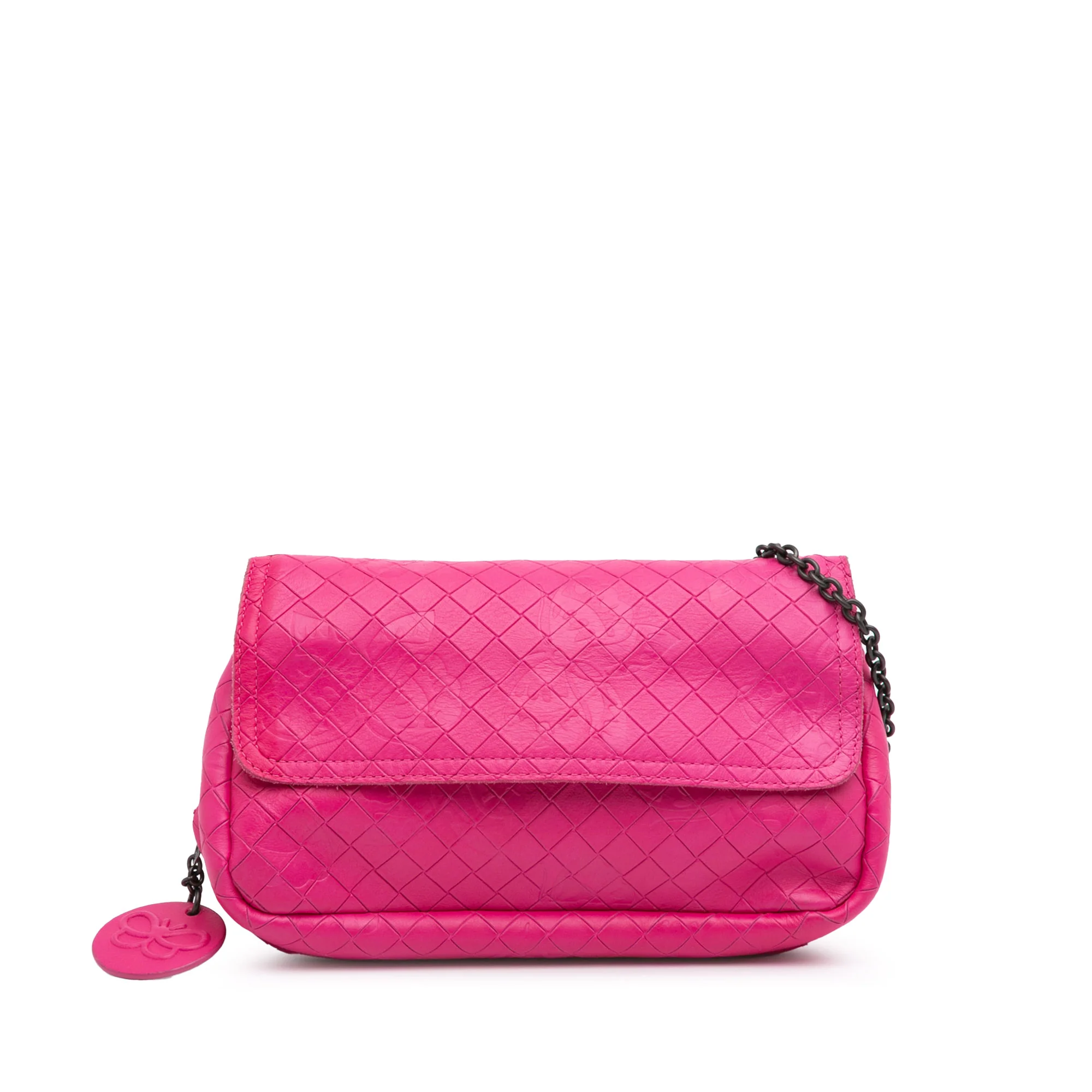 Bottega Veneta | Pre-Owned Small Calfskin Intrecciomirage Embossed Butterfly Chain Crossbody | Pink/Dark Pink