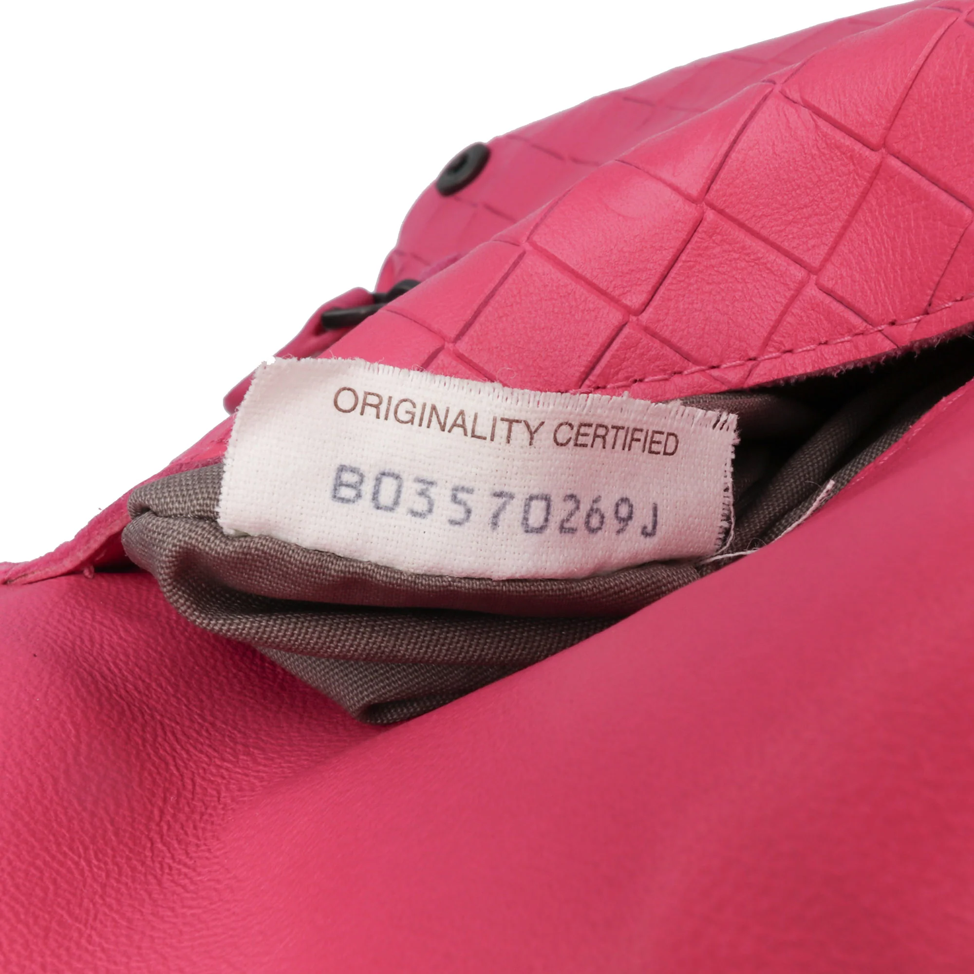 Bottega Veneta | Pre-Owned Small Calfskin Intrecciomirage Embossed Butterfly Chain Crossbody | Pink/Dark Pink - Image 12
