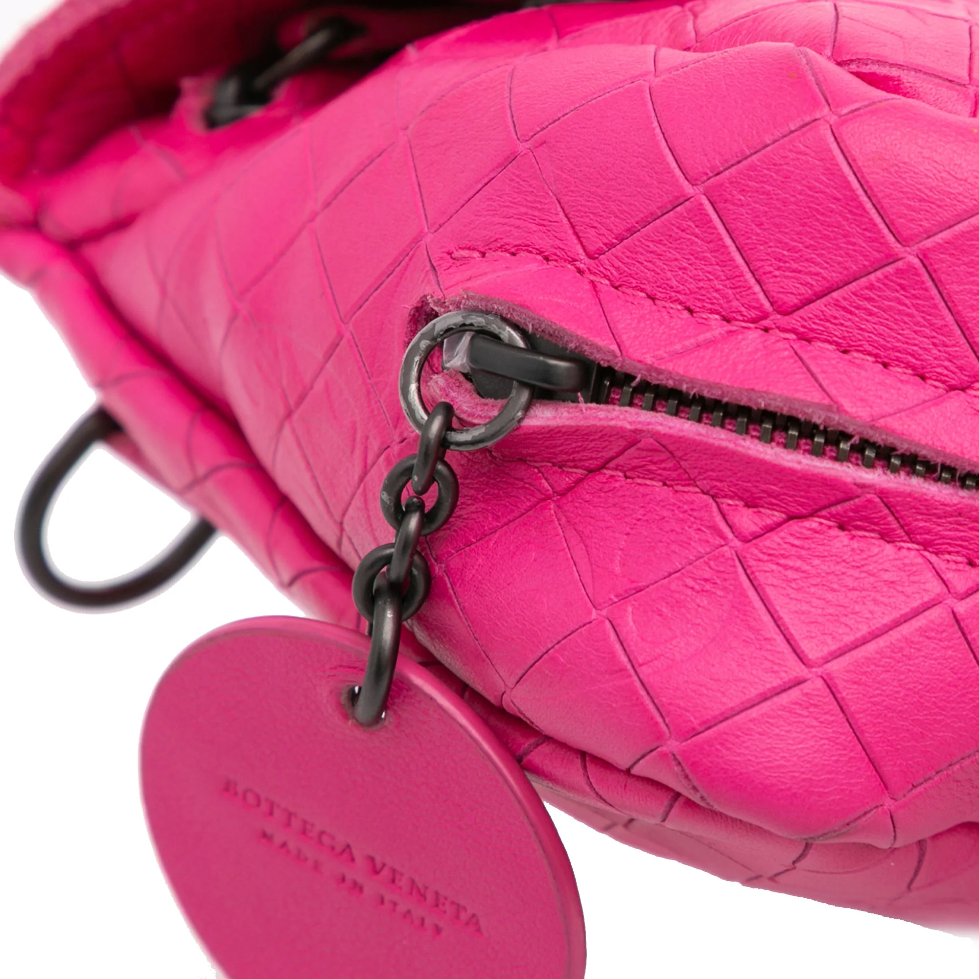 Bottega Veneta | Pre-Owned Small Calfskin Intrecciomirage Embossed Butterfly Chain Crossbody | Pink/Dark Pink - Image 13