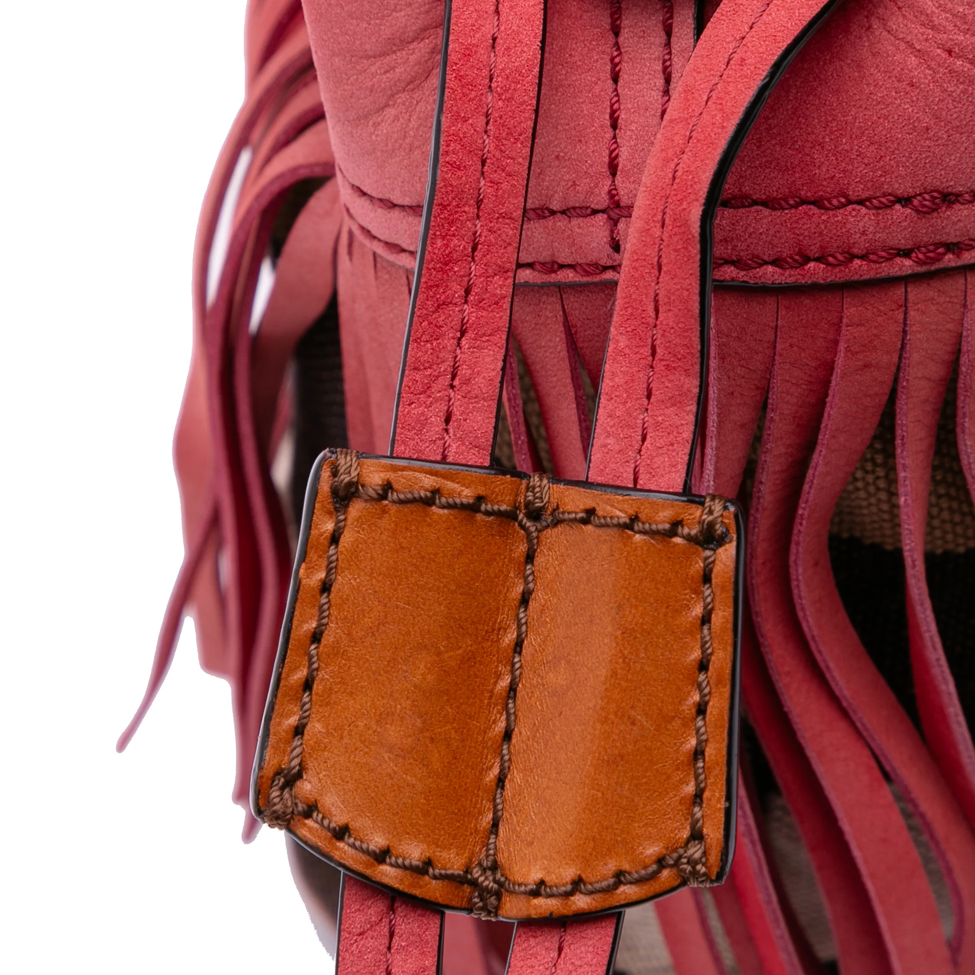 Burberry | Pre-Owned Small Mega Check Canvas and Suede Fringe Belgrove Bucket Bag | Red - Image 11