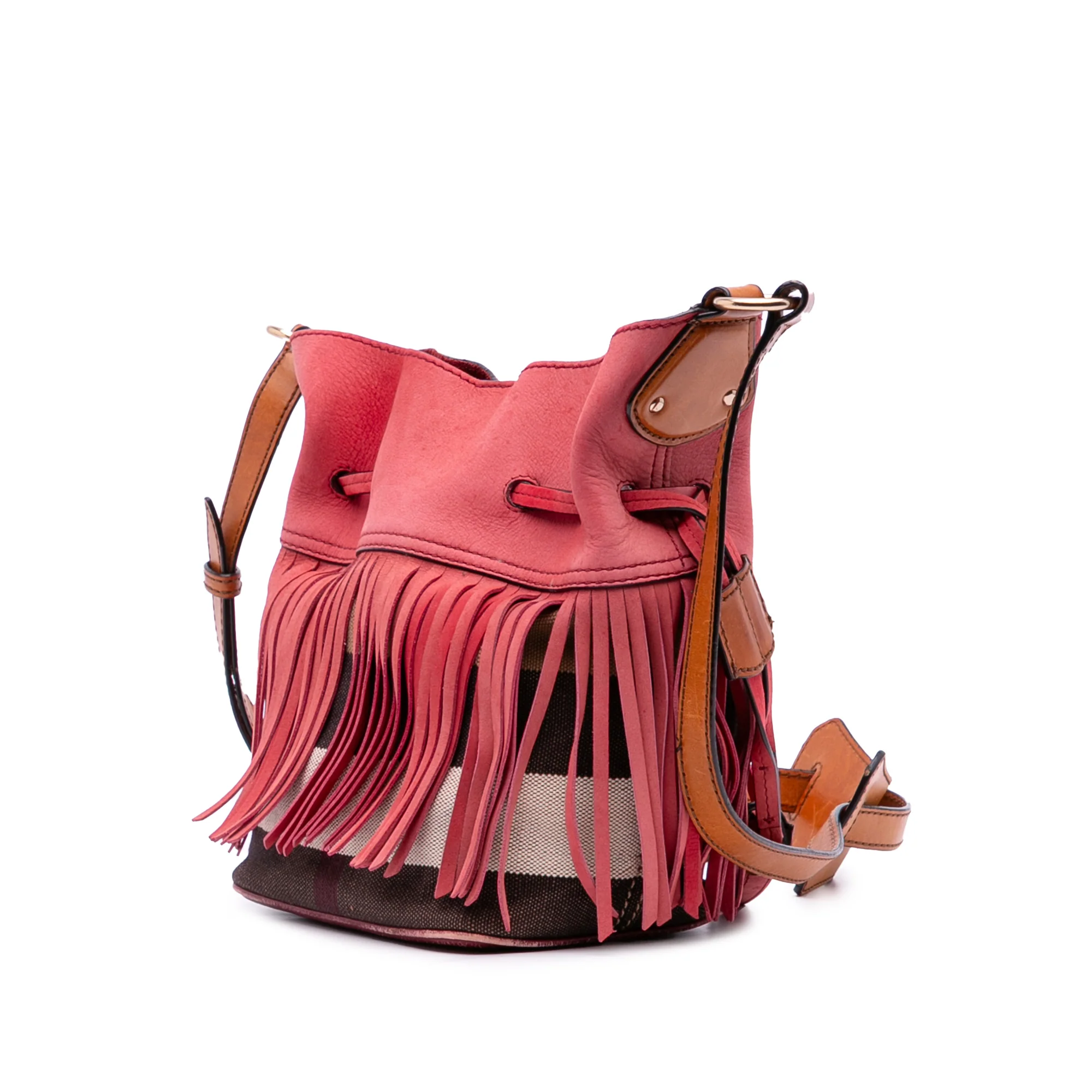 Burberry | Pre-Owned Small Mega Check Canvas and Suede Fringe Belgrove Bucket Bag | Red - Image 5