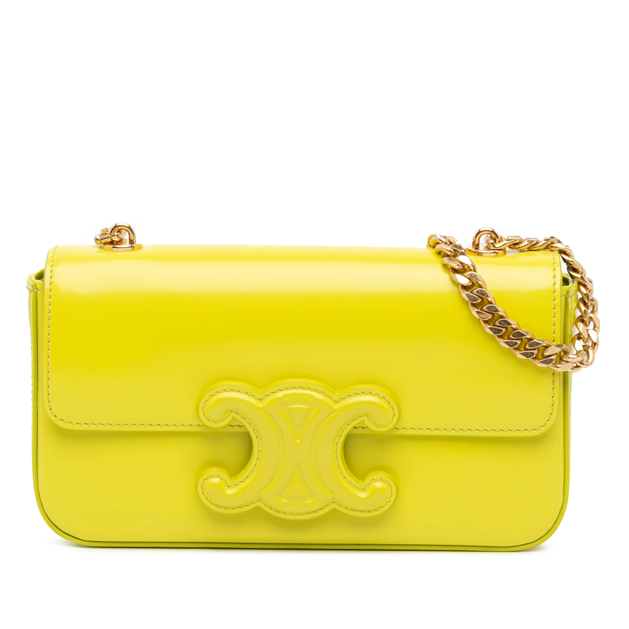 Celine | Pre-Owned Calfskin Cuir Triomphe Chain Shoulder Bag | Yellow/Neon Yellow