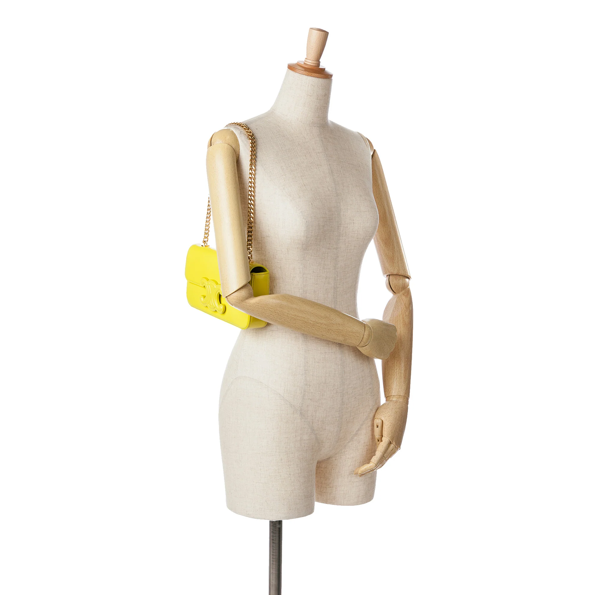 Celine | Pre-Owned Calfskin Cuir Triomphe Chain Shoulder Bag | Yellow/Neon Yellow - Image 8