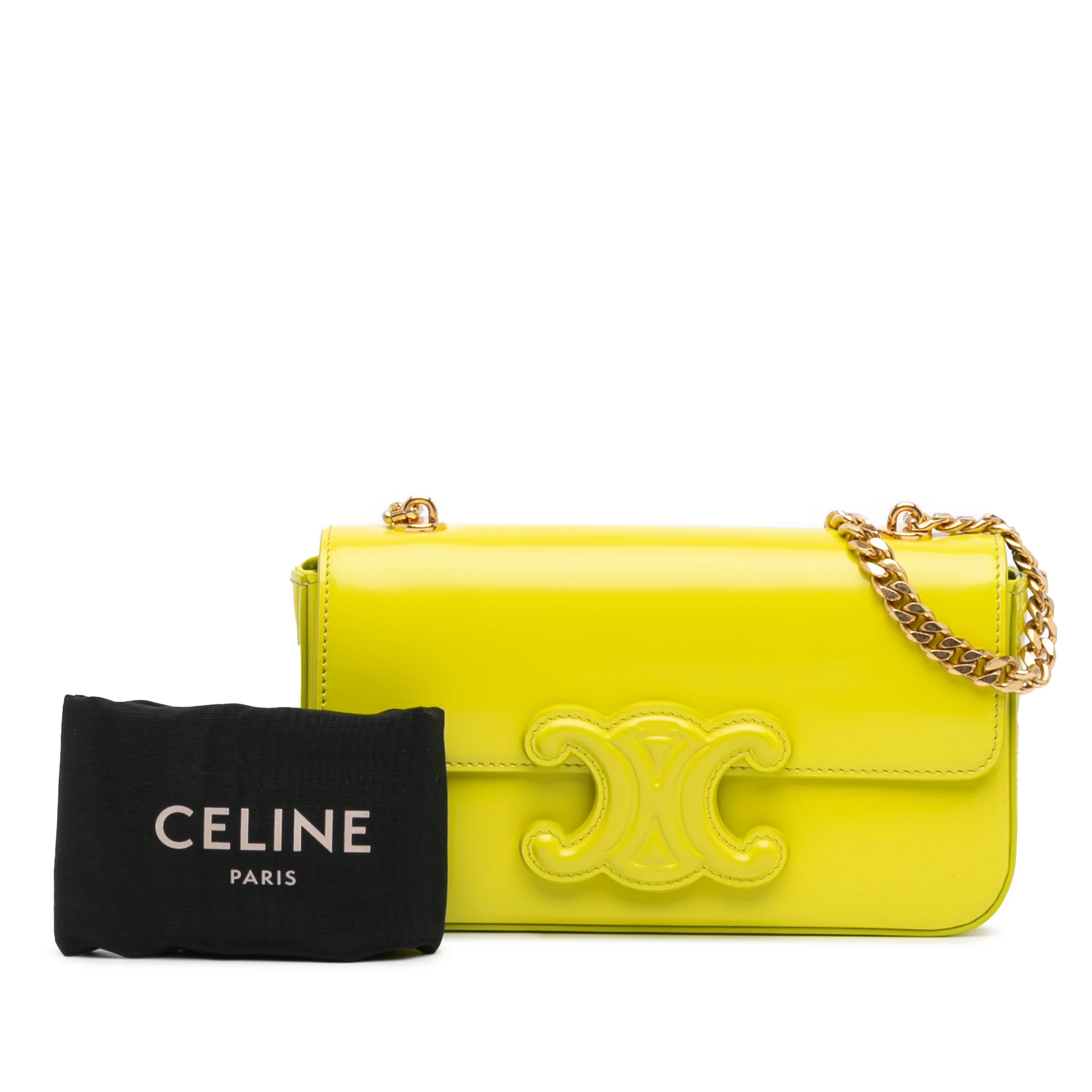 Celine | Pre-Owned Calfskin Cuir Triomphe Chain Shoulder Bag | Yellow/Neon Yellow - Image 9