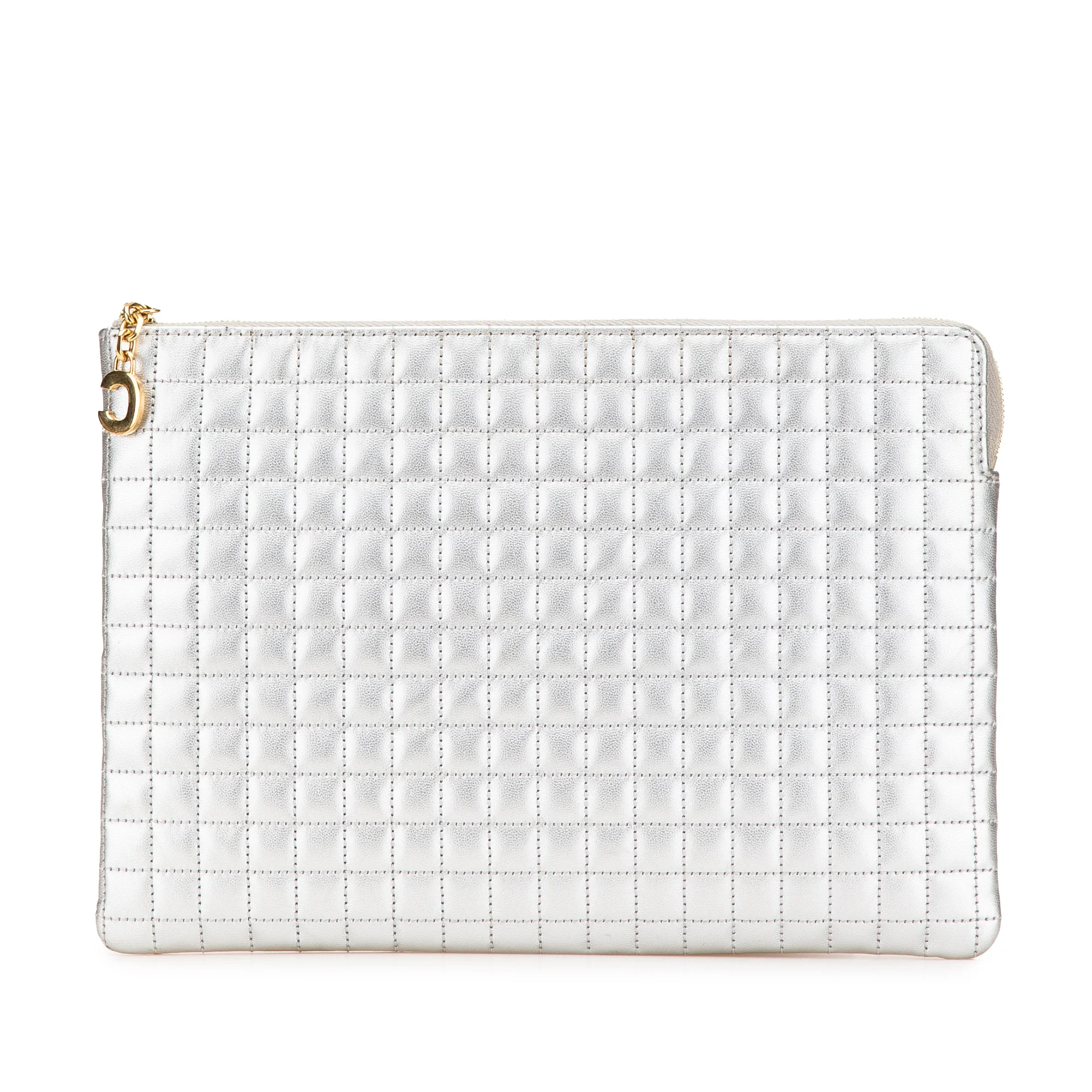 Celine | Pre-Owned Quilted Metallic Calfskin C Charm Pouch | Silver