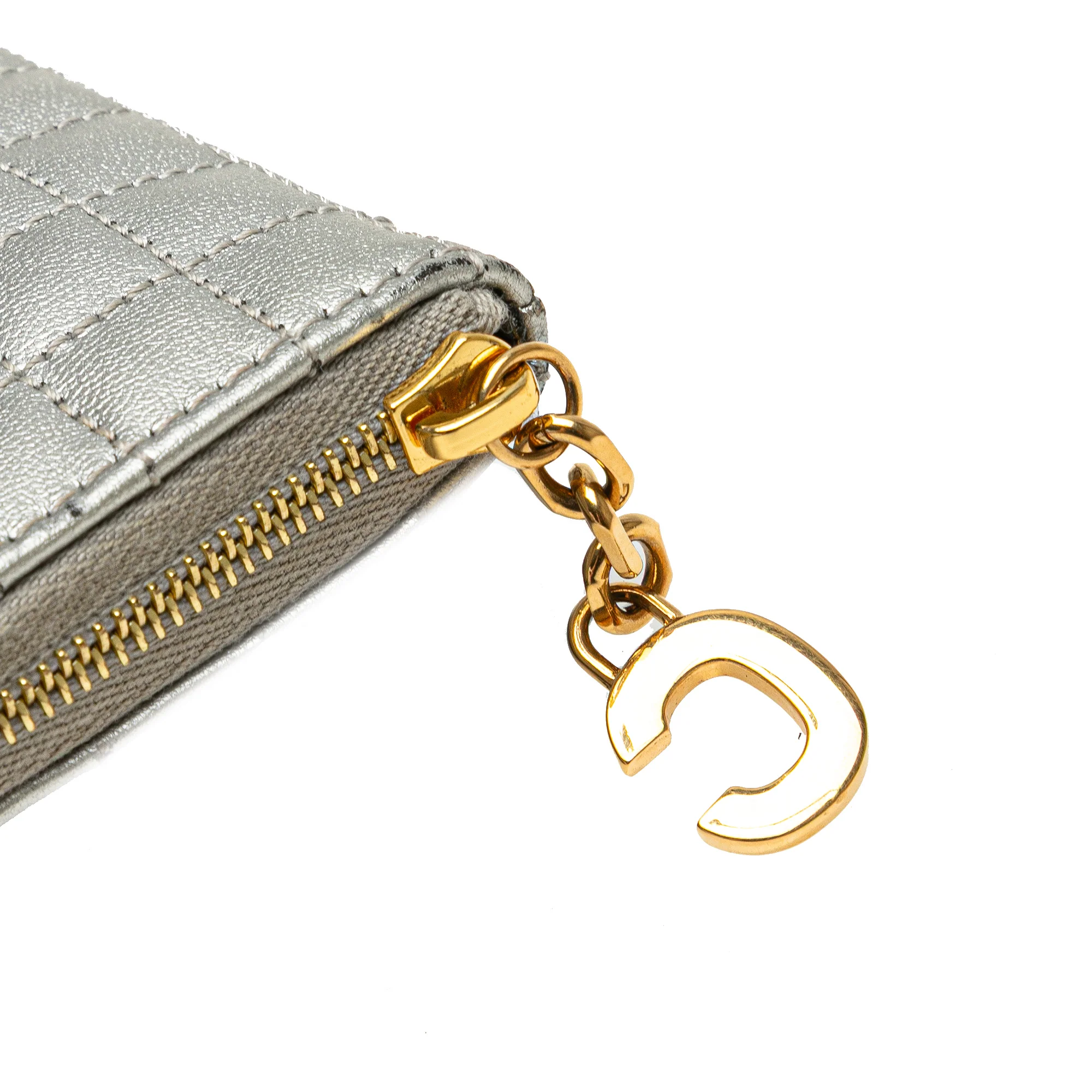 Celine | Pre-Owned Quilted Metallic Calfskin C Charm Pouch | Silver - Image 10