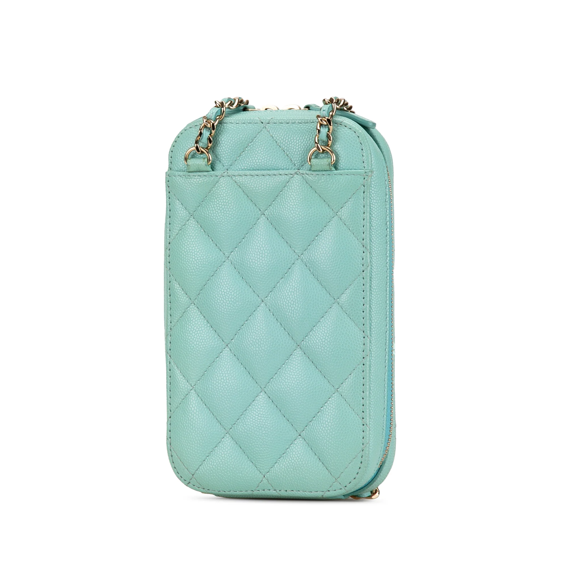 Chanel | Pre-Owned CC Quilted Caviar Zip Phone Case | Blue/Light Blue - Image 2