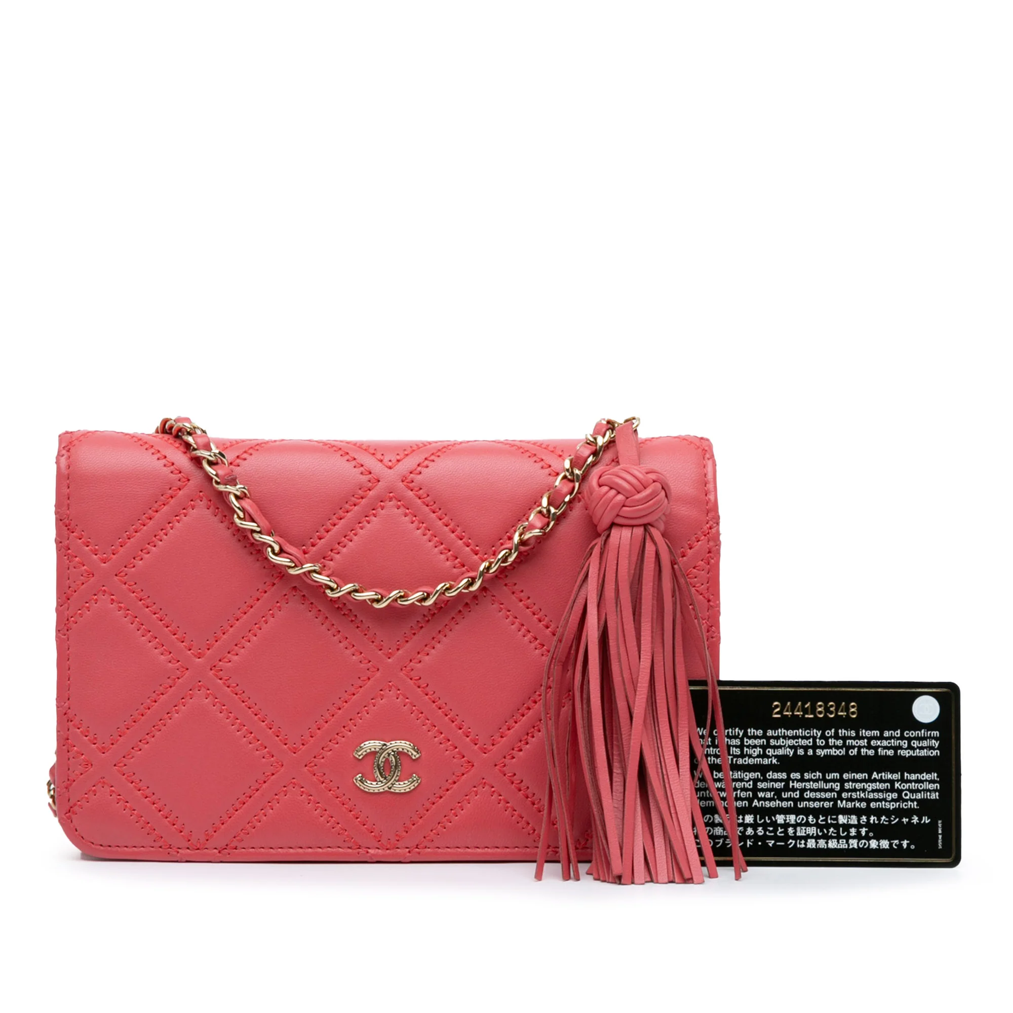 Chanel | Pre-Owned CC Quilted Lambskin Double Stitch Tassel Wallet On Chain | Pink/Blush - Image 7