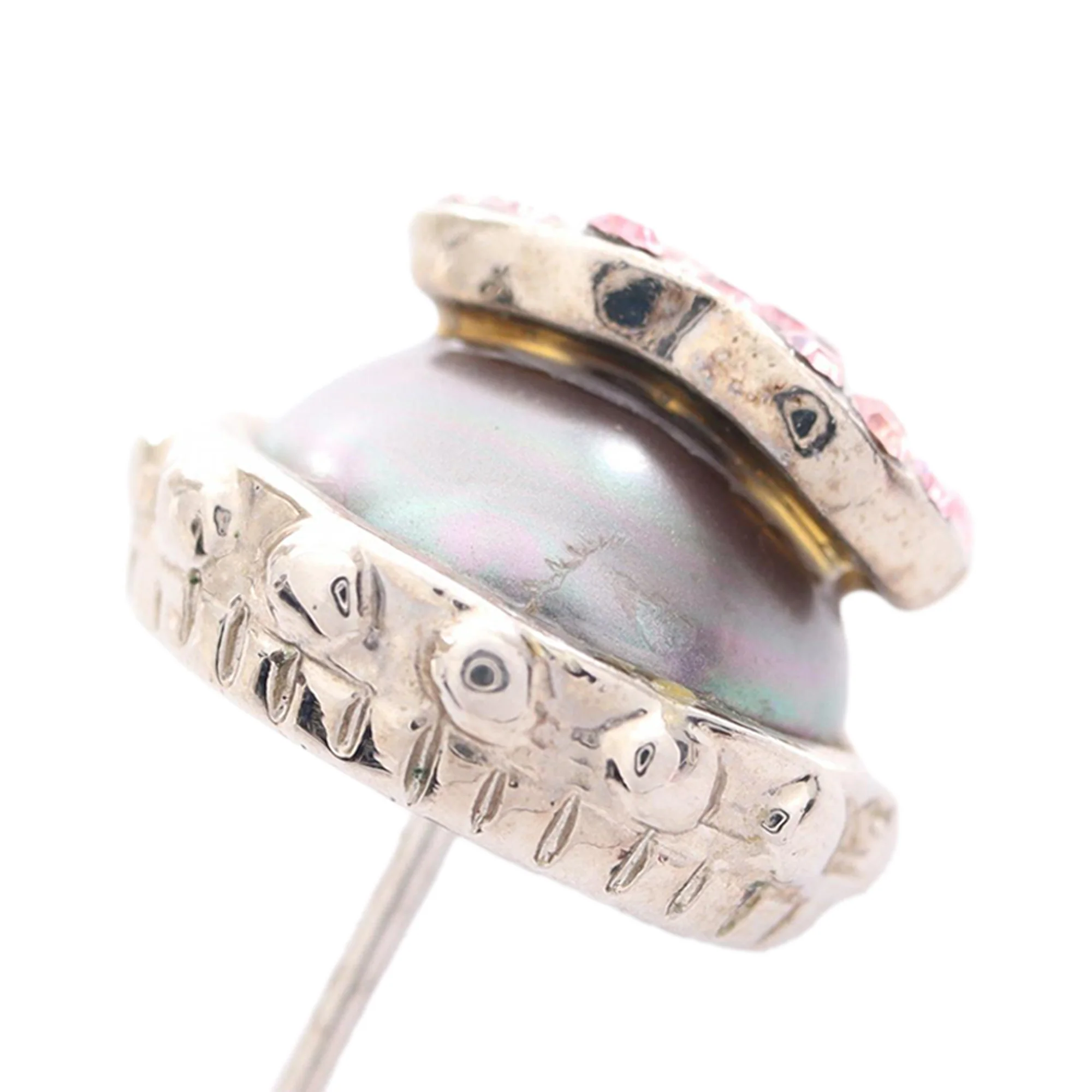 Chanel | Pre-Owned CC Stainless Steel Rhinestones Push Back Earrings | SilverPink - Image 2