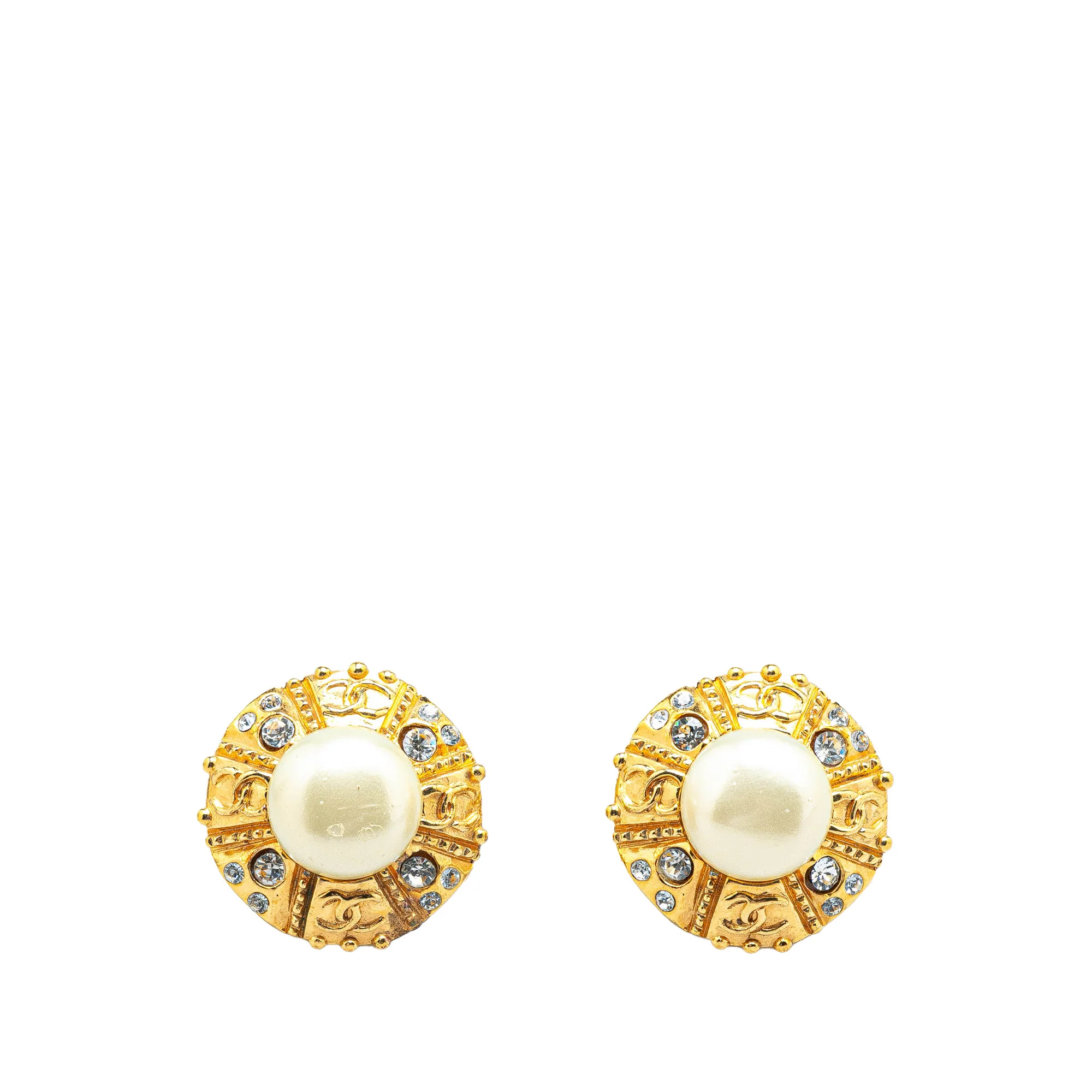 Chanel | Pre-Owned Gold Plated Round Faux Pearl Rhinestones Clip on Earrings | Gold