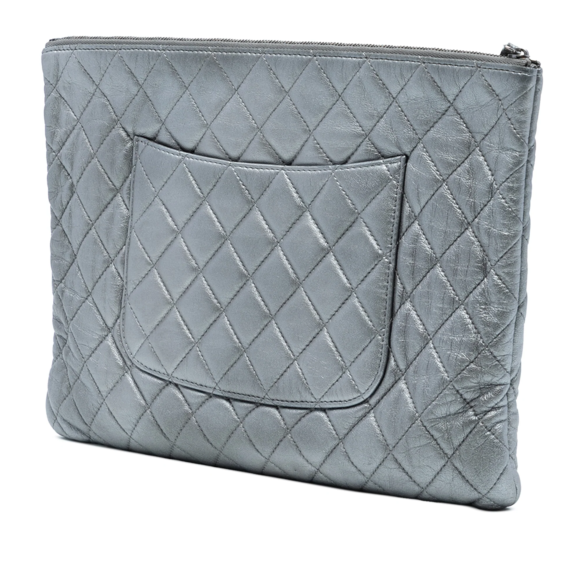 Chanel | Pre-Owned Large Quilted Metallic Lambskin O Case Clutch | Silver - Image 2