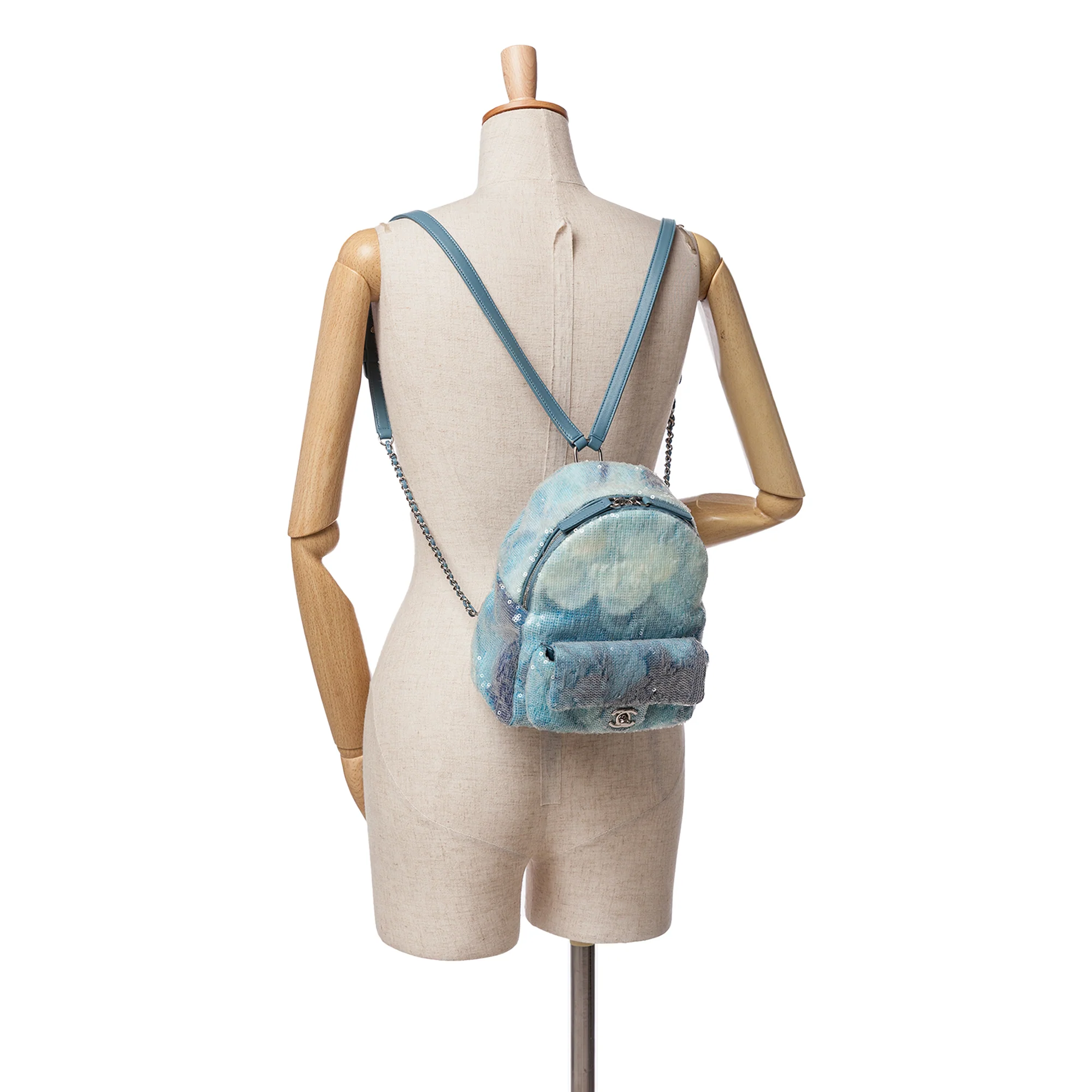 Chanel | Pre-Owned Mini Sequins and Lambskin Waterfall Backpack | Blue/Light Blue - Image 4