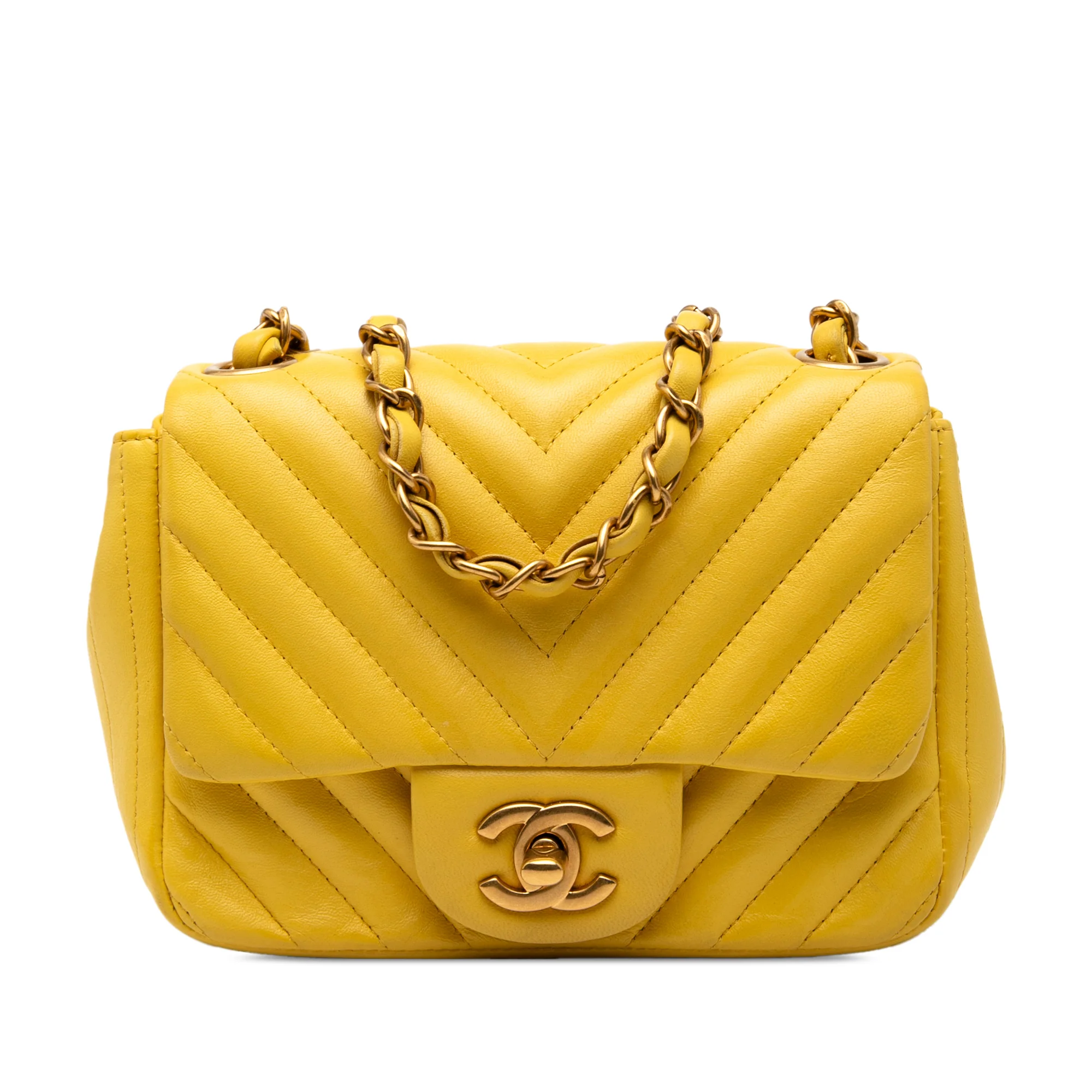 Chanel | Pre-Owned Mini Square Classic Chevron Lambskin Single Flap | Yellow