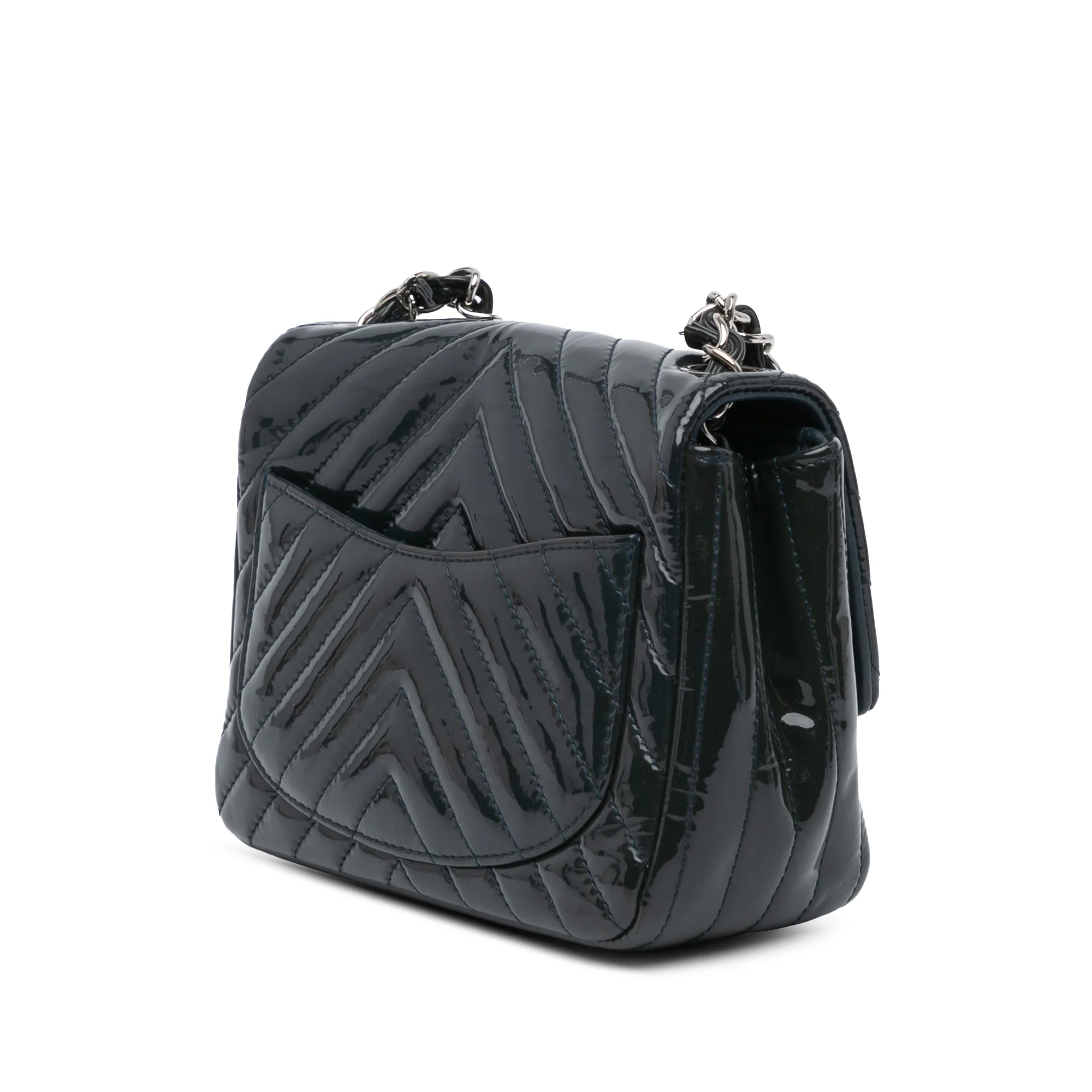 Chanel | Pre-Owned Mini Square Classic Chevron Patent Single Flap | Blue/Navy - Image 2