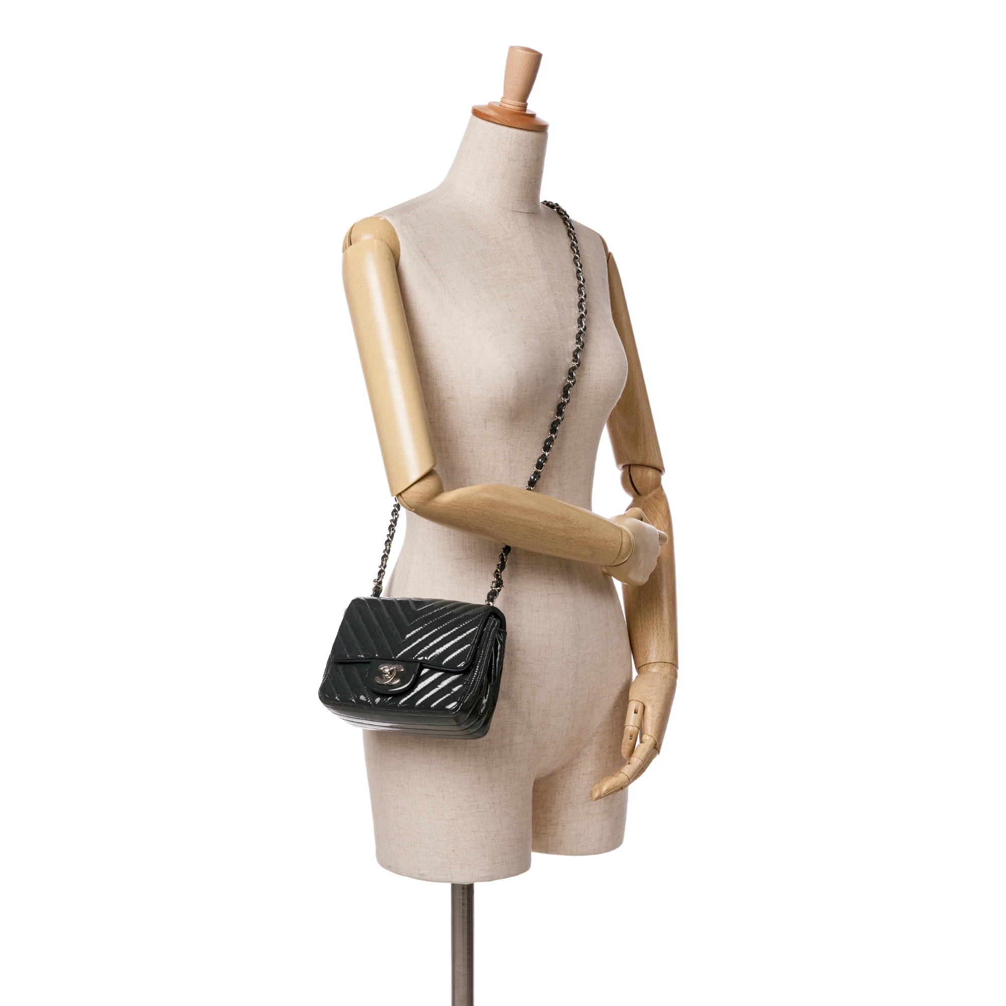 Chanel | Pre-Owned Mini Square Classic Chevron Patent Single Flap | Blue/Navy - Image 9