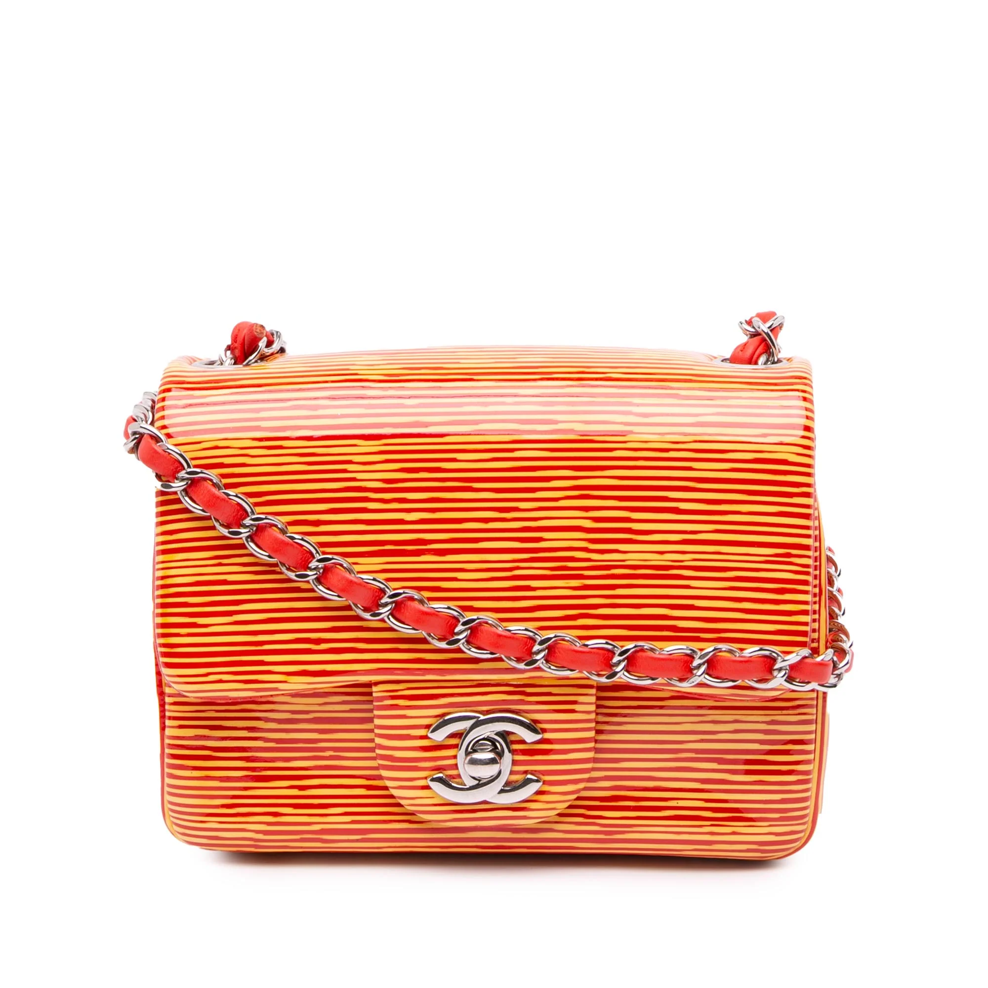 Chanel | Pre-Owned Mini Square Classic Patent Striped Single Flap | Orange