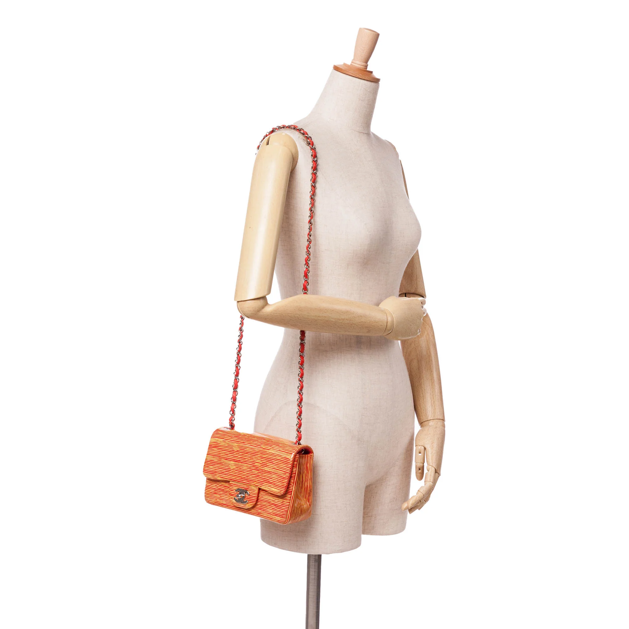 Chanel | Pre-Owned Mini Square Classic Patent Striped Single Flap | Orange - Image 3