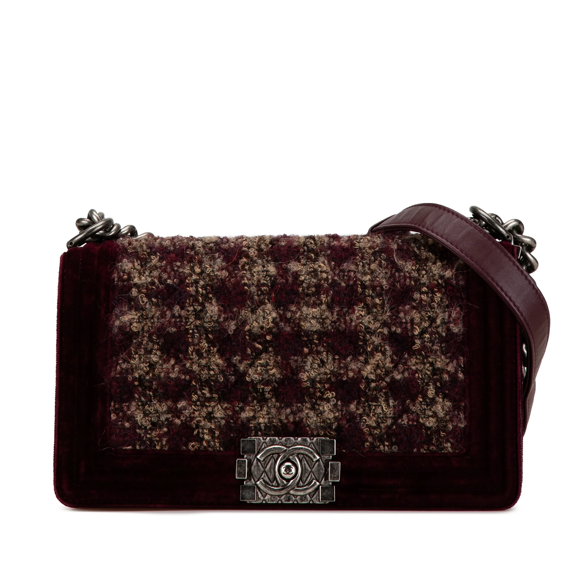 Chanel | Pre-Owned Old Medium Velvet and Tweed Boy Flap - II | Red/Burgundy