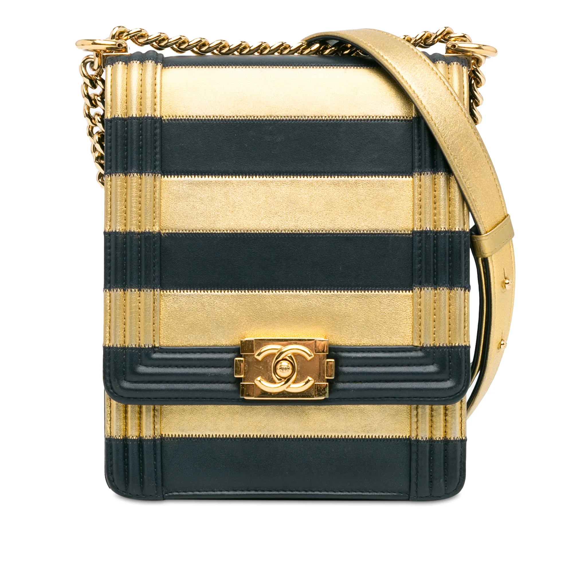 Chanel | Pre-Owned Paris New York Metallic Lambskin Striped North South Boy Flap | Gold