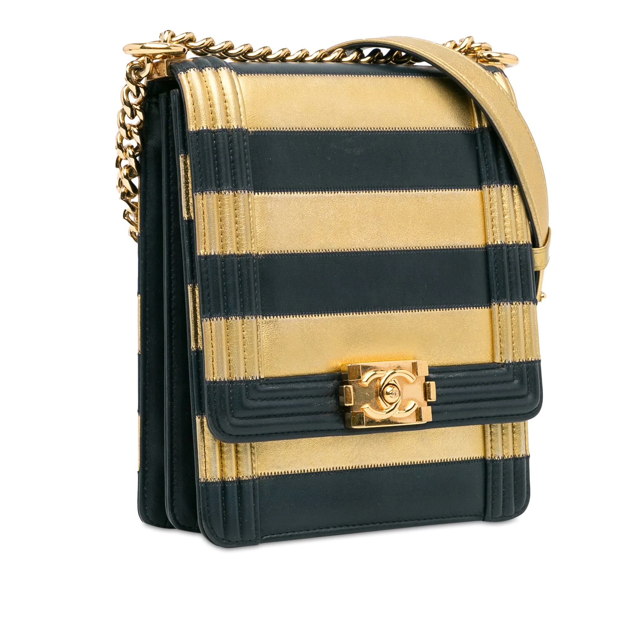 Chanel | Pre-Owned Paris New York Metallic Lambskin Striped North South Boy Flap | Gold - Image 5