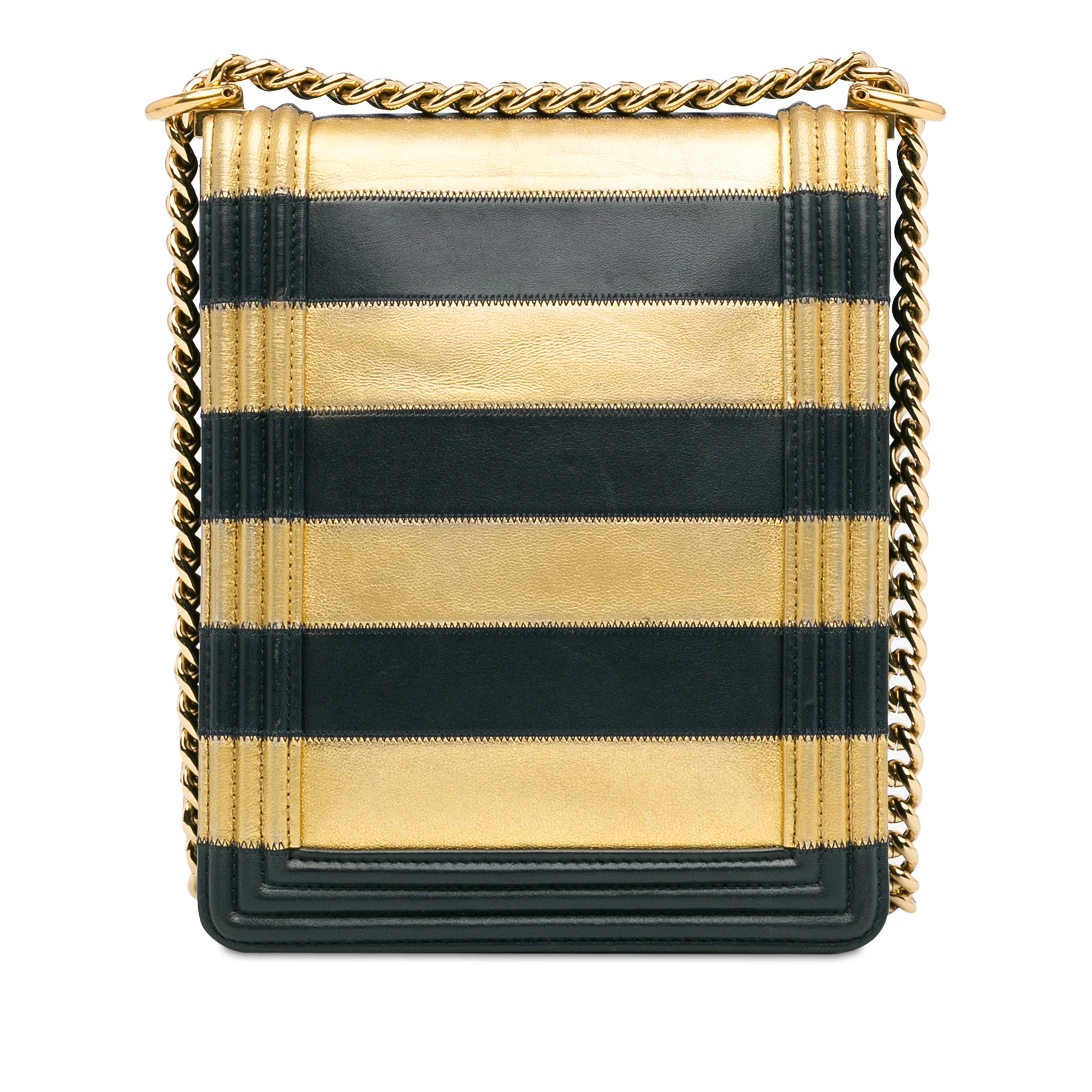 Chanel | Pre-Owned Paris New York Metallic Lambskin Striped North South Boy Flap | Gold - Image 7