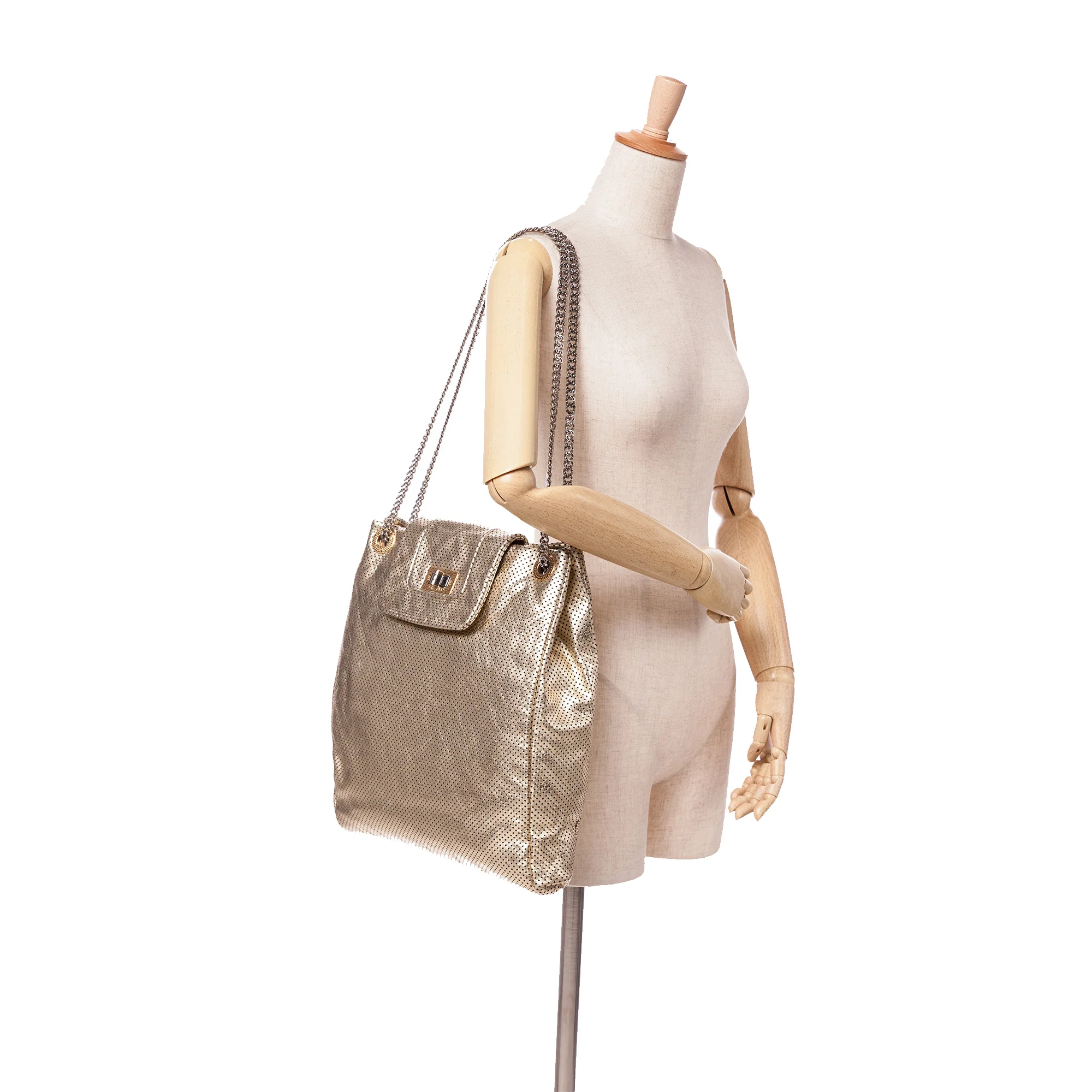 Chanel | Pre-Owned Perforated Crackled Metallic Calfskin Drill Tote | Gold - Image 2