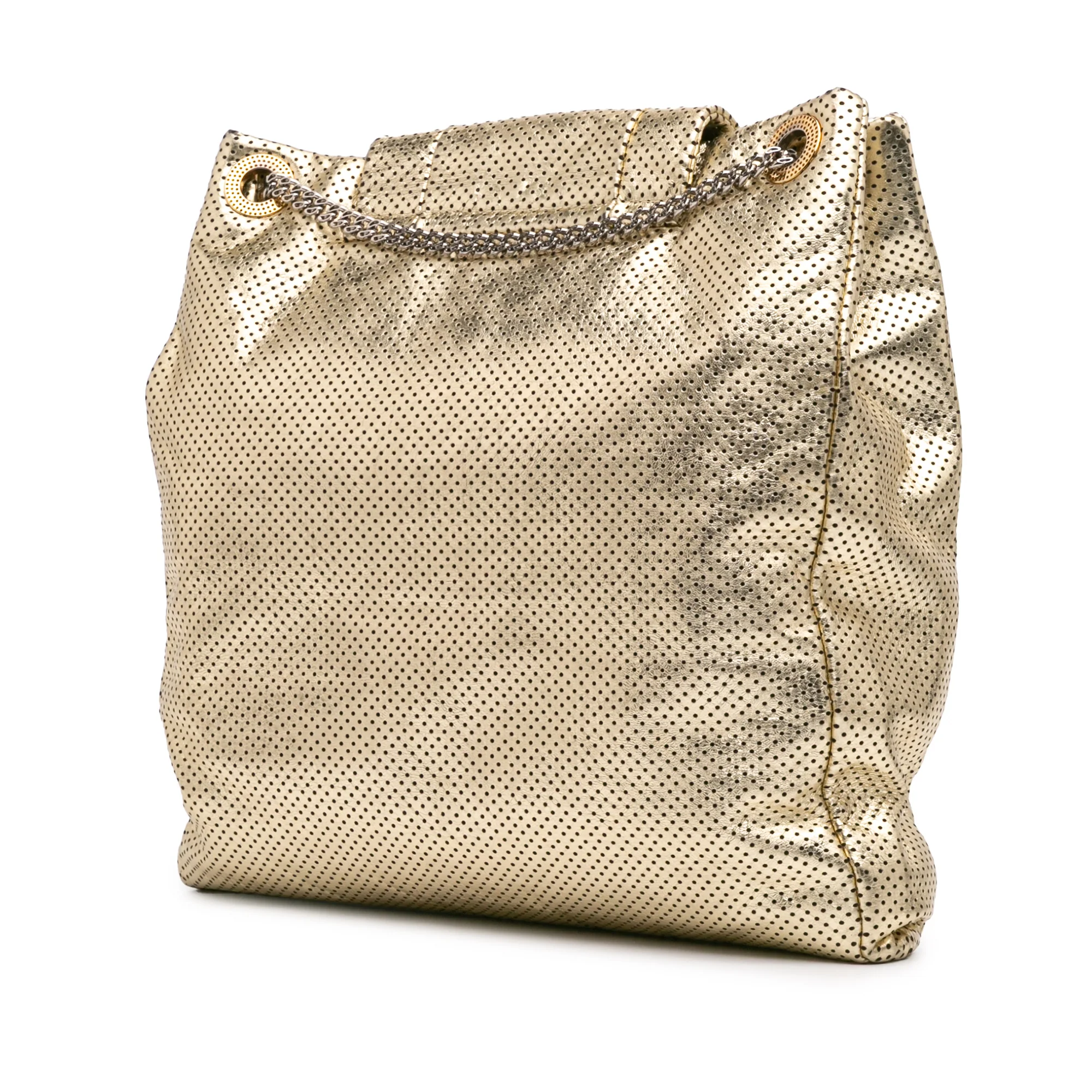Chanel | Pre-Owned Perforated Crackled Metallic Calfskin Drill Tote | Gold - Image 3