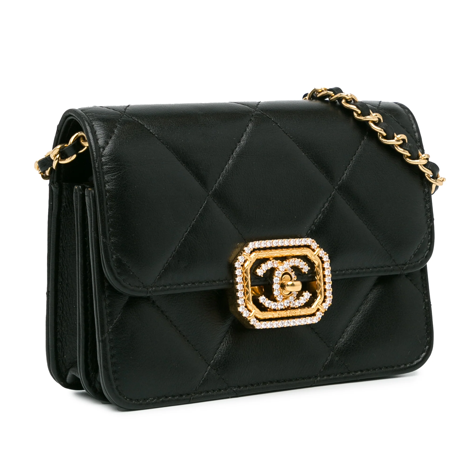 Chanel | Pre-Owned Quilted Calfskin Strass Clutch With Chain Flap | Black - Image 2