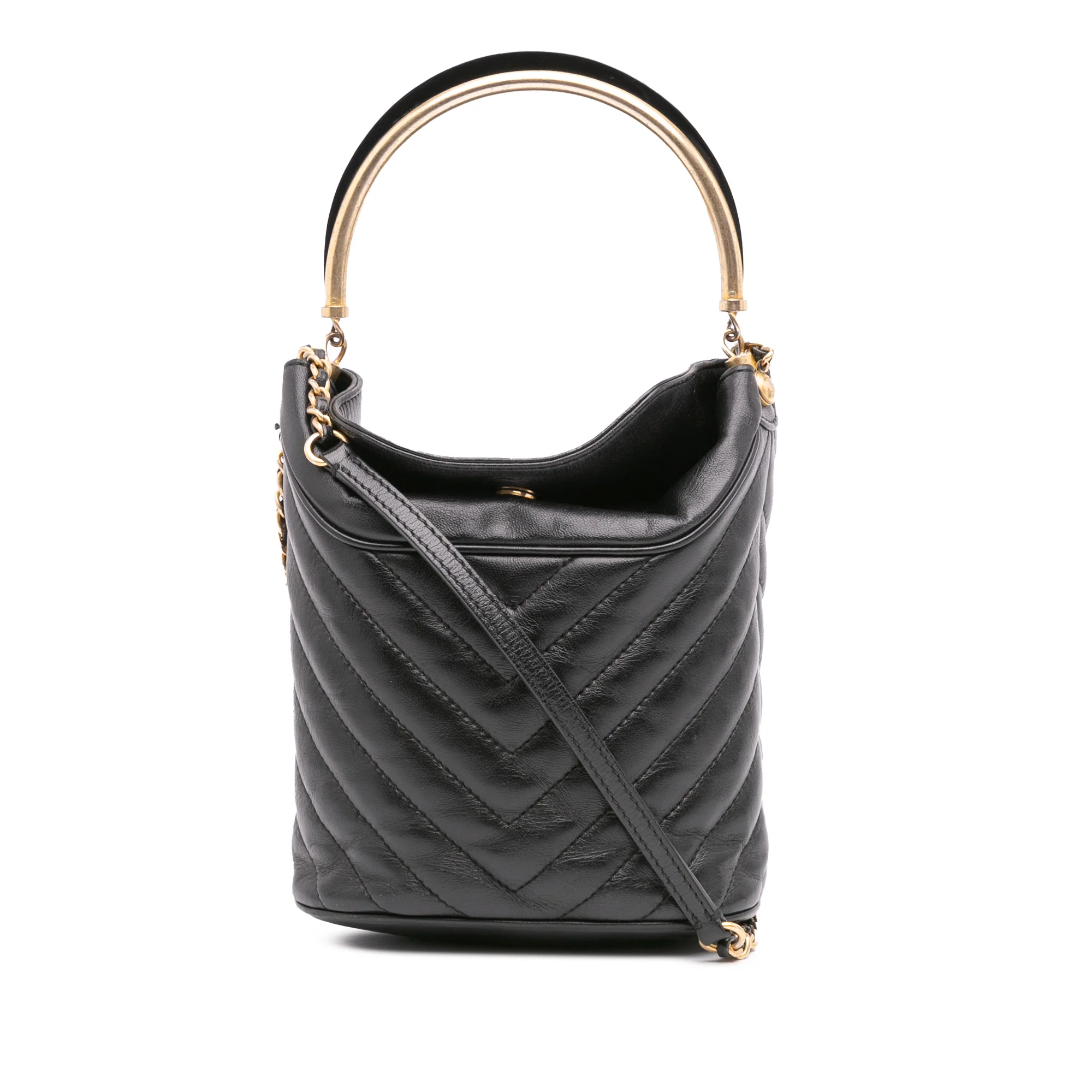 Chanel | Pre-Owned Quilted Chevron Lambskin Handle with Chic Bucket Bag | Black