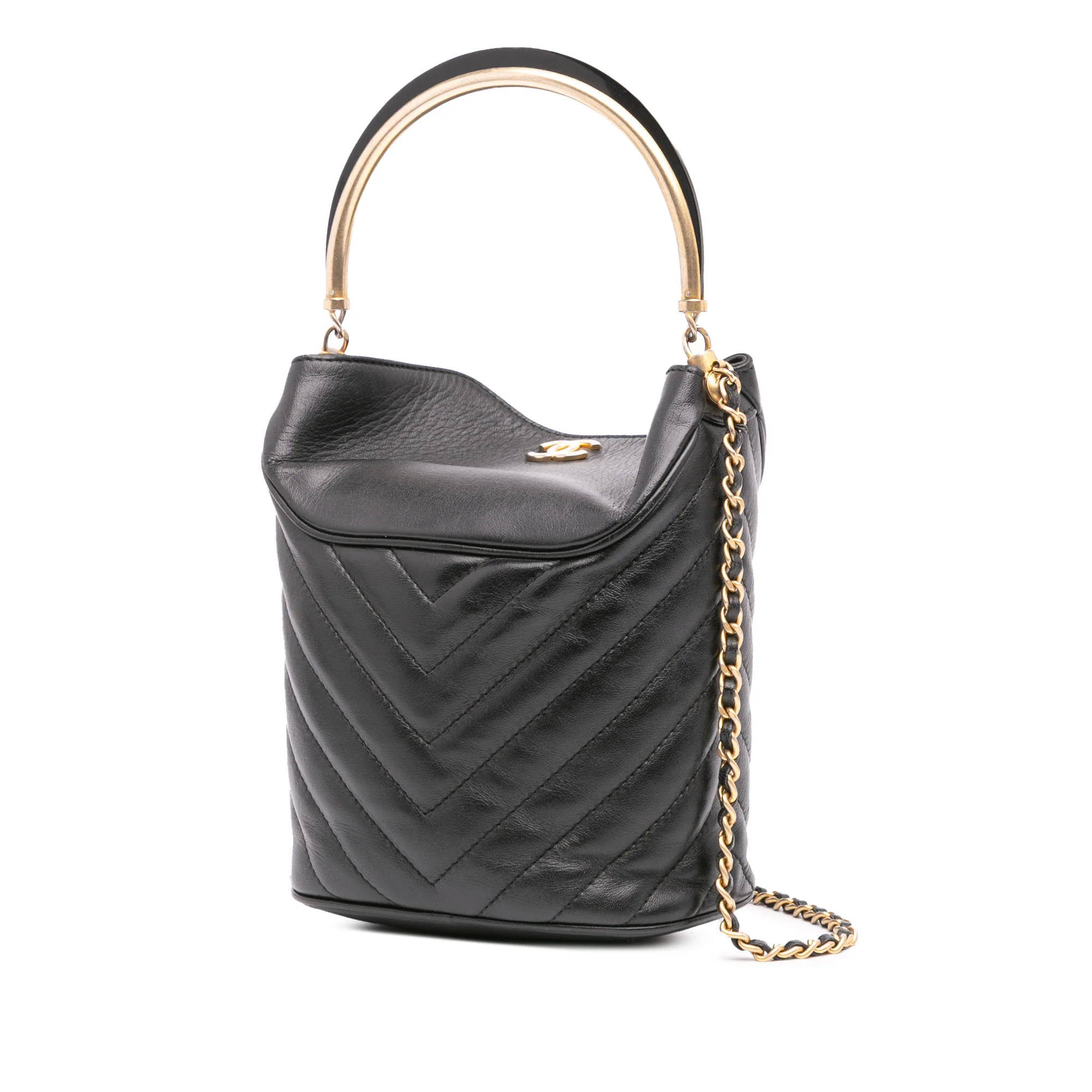 Chanel | Pre-Owned Quilted Chevron Lambskin Handle with Chic Bucket Bag | Black - Image 3