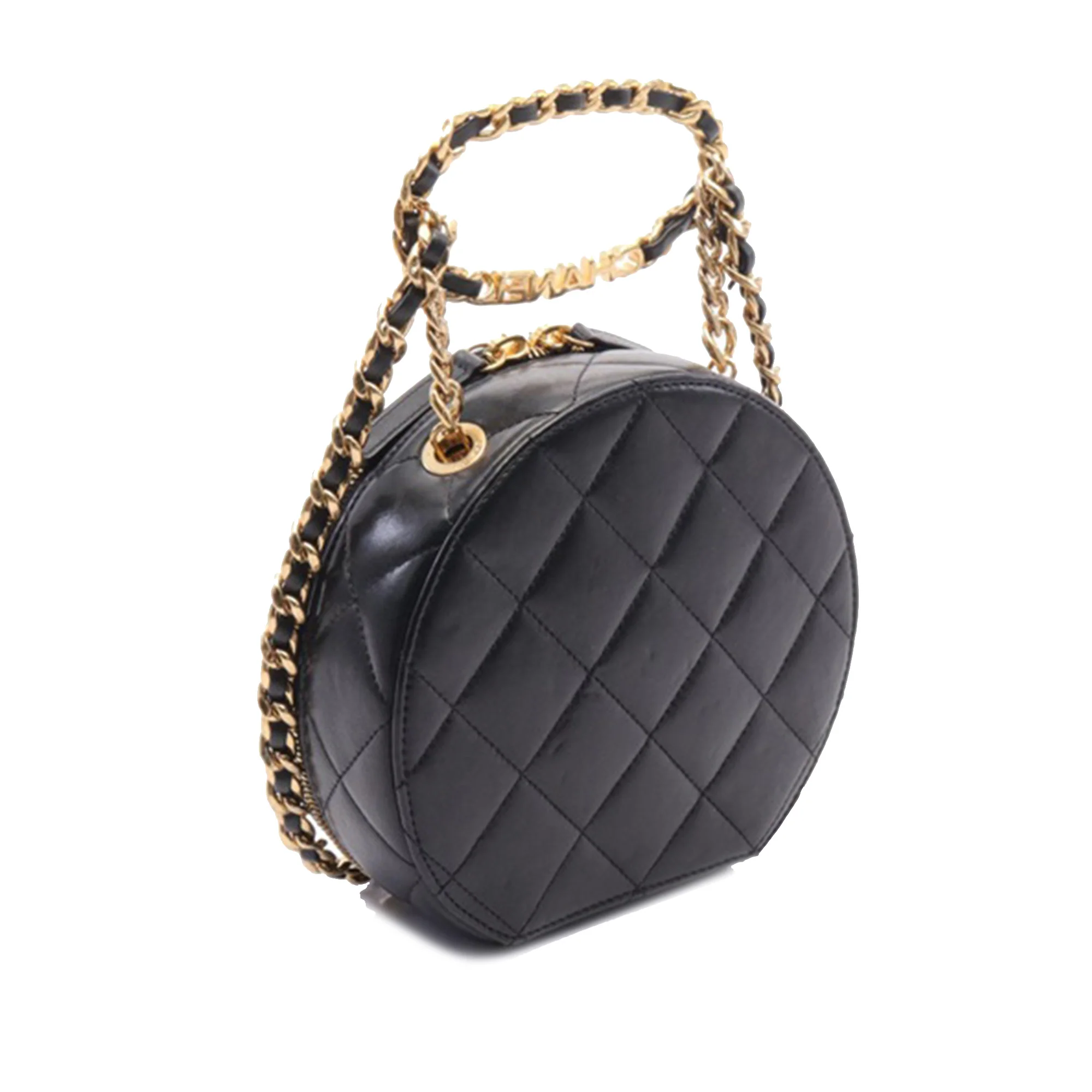 Chanel | Pre-Owned Quilted Lambskin Oval Logo Chain Top Handle Round Clutch on Chain | Black - Image 2