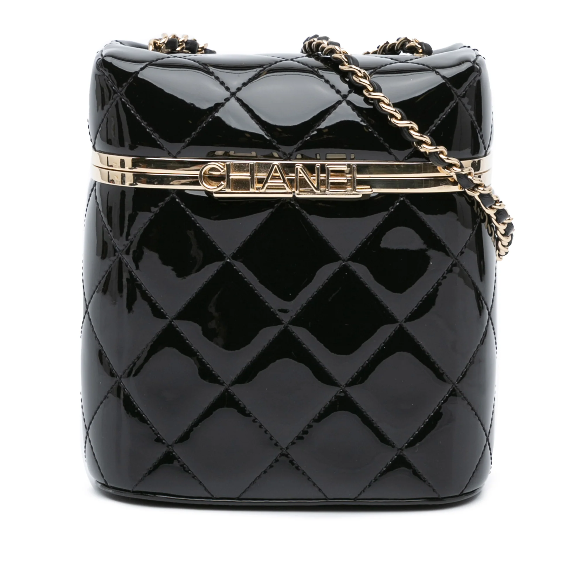 Chanel | Pre-Owned Quilted Patent Logo Chain Vanity Case | Black
