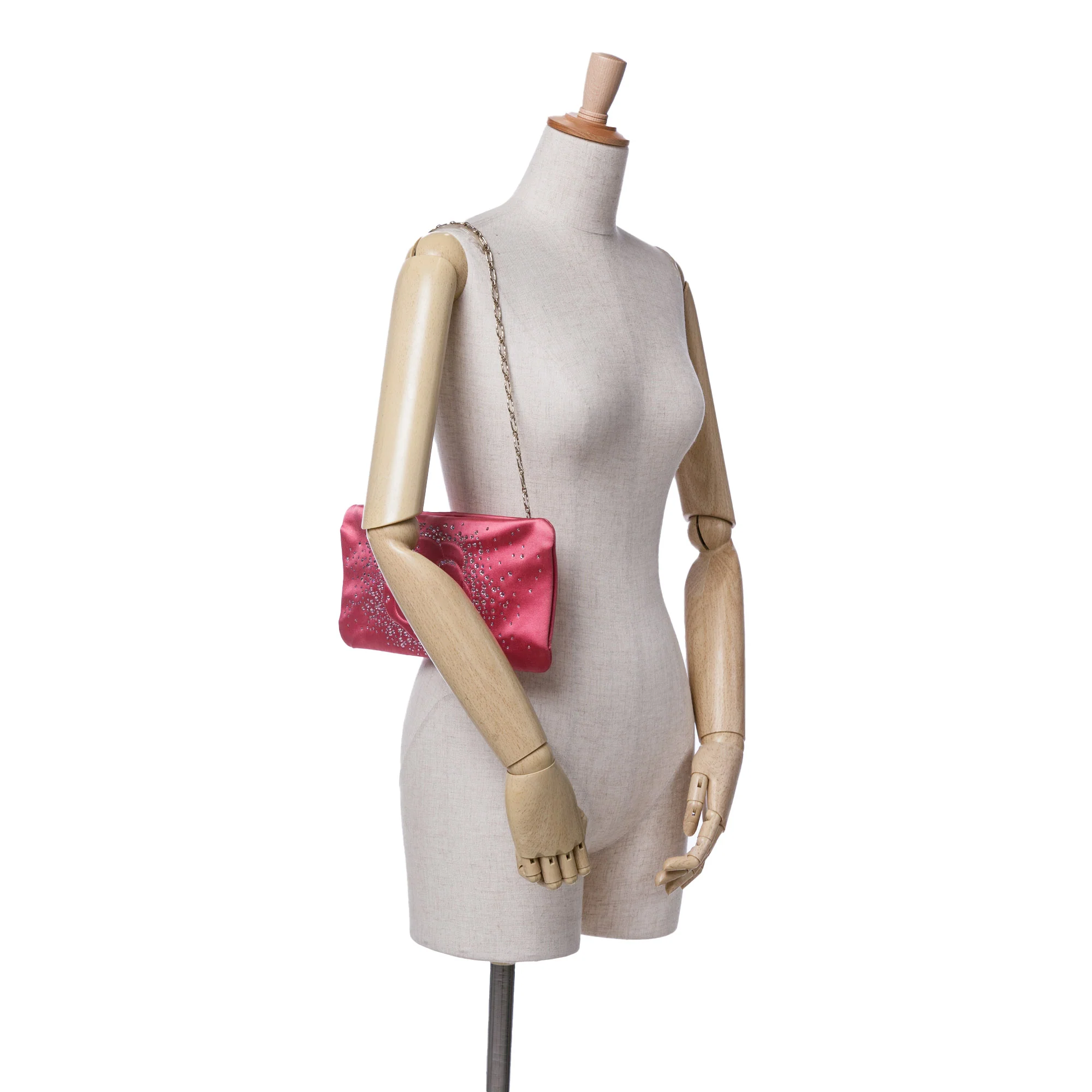 Chanel | Pre-Owned Satin Diamante Camellia Clutch with Chain | Pink/Dark Pink - Image 2