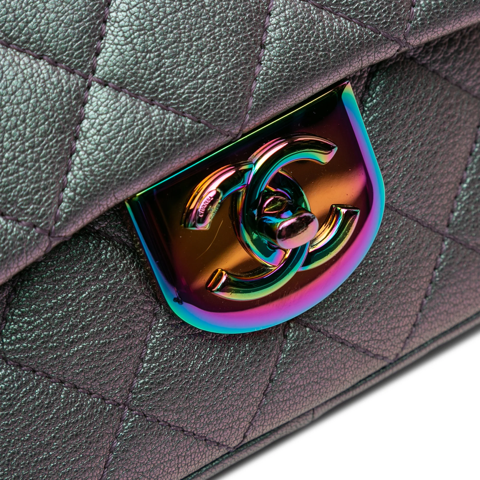Chanel | Pre-Owned Small Iridescent Goatskin Rainbow Hardware Double Carry Waist Chain Flap | Purple - Image 7