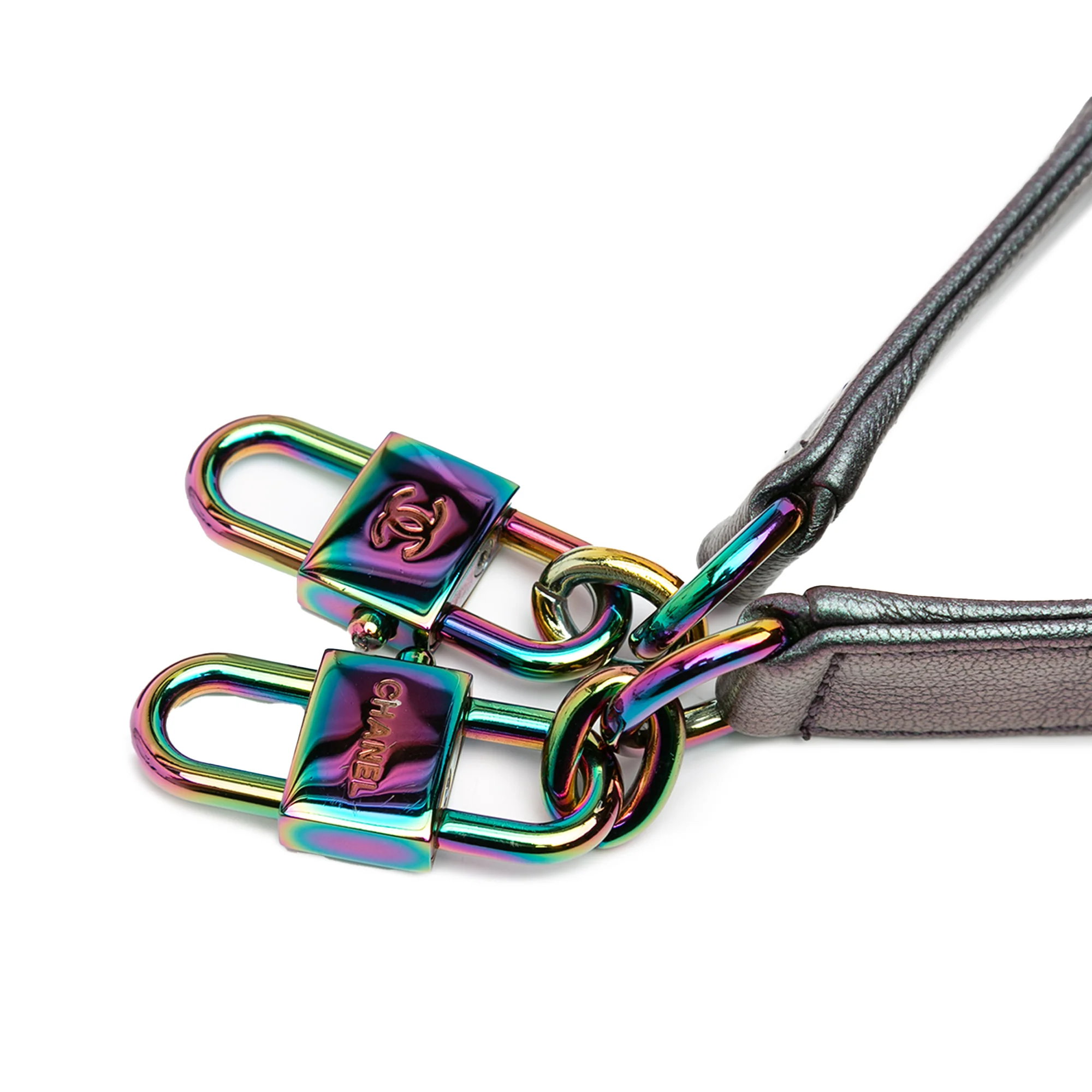Chanel | Pre-Owned Small Iridescent Goatskin Rainbow Hardware Double Carry Waist Chain Flap | Purple - Image 8