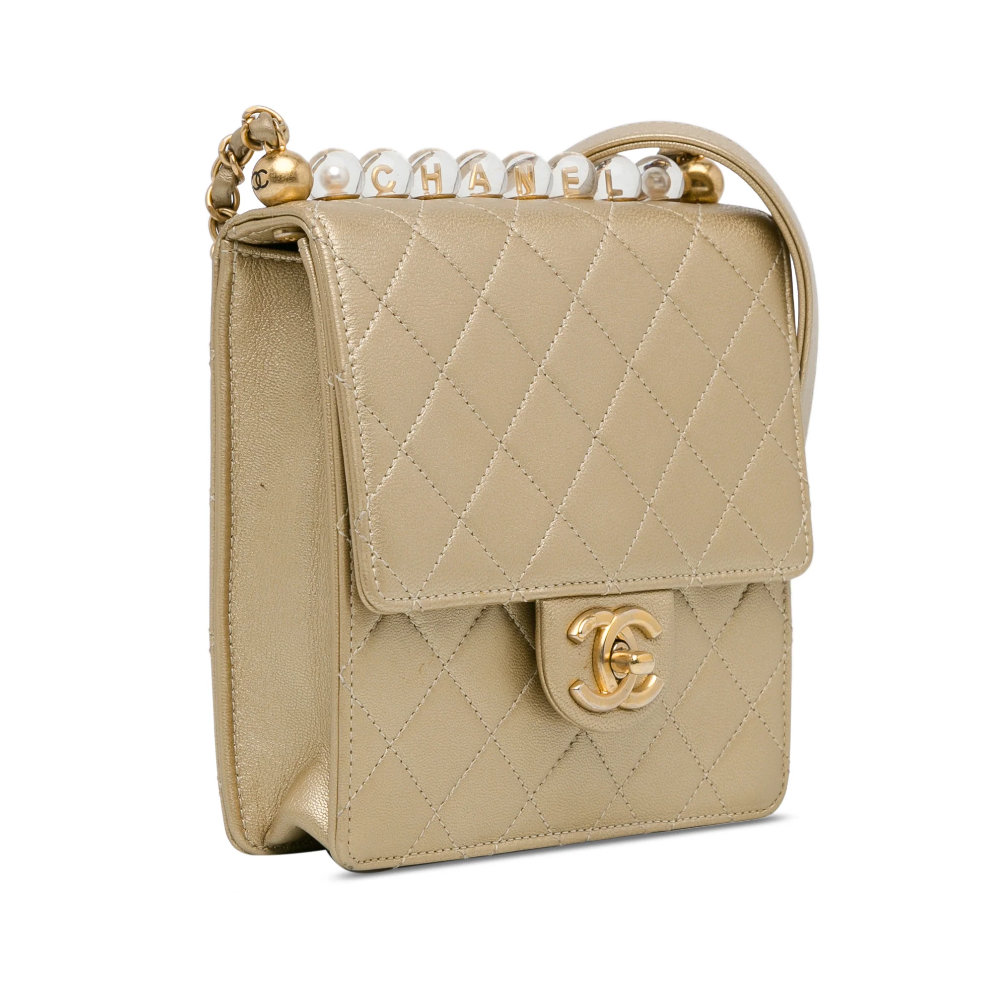 Chanel | Pre-Owned Small Lambskin Chic Pearls Flap | Gold - Image 7