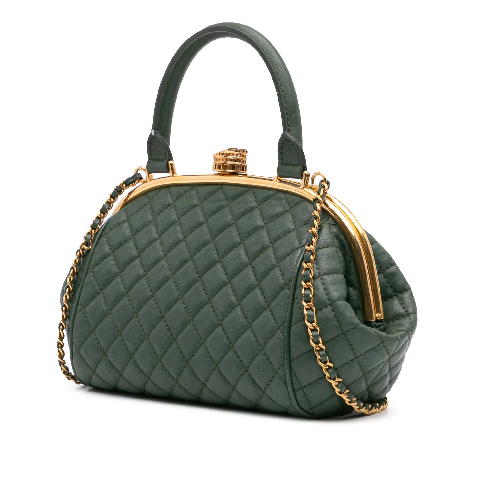 Chanel | Pre-Owned Small Quilted Calfskin Colosseum Lock Frame Bowling Bag | Green/Dark Green - Image 3