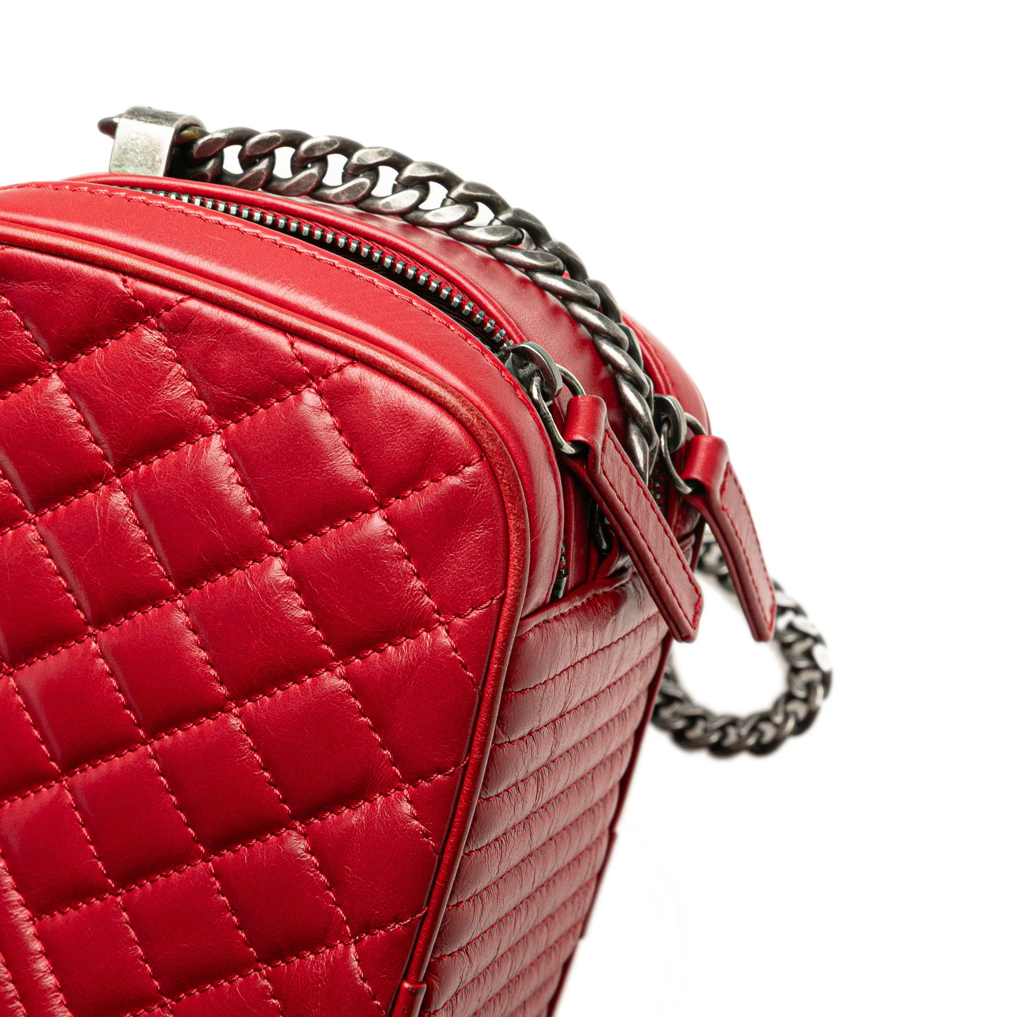 Chanel | Pre-Owned Small Quilted Glazed Calfskin Coco Boy Camera Bag | Red - Image 14