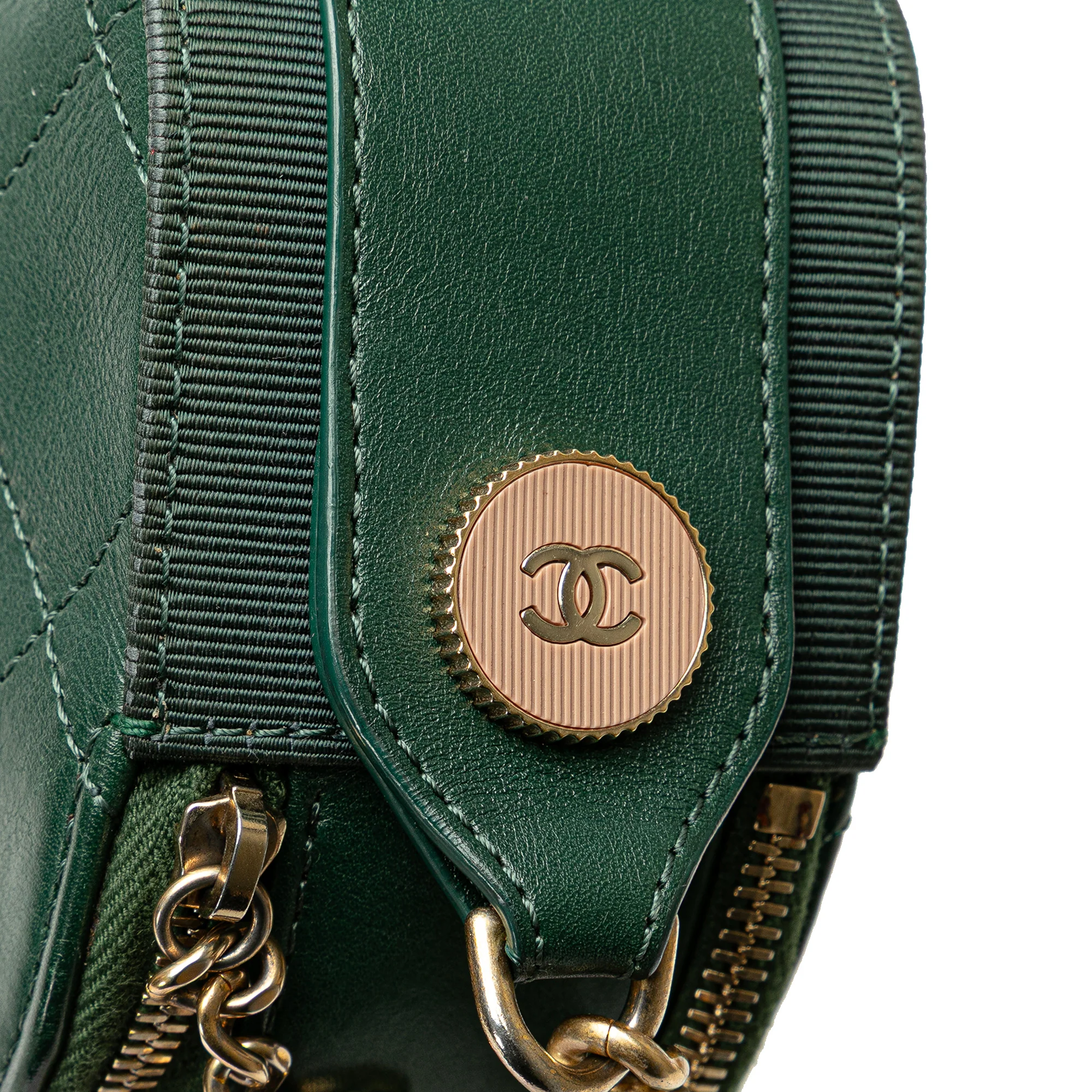 Chanel | Pre-Owned Stitched Calfskin and Grosgrain Button Up Double Zip Camera Bag | Green/Dark Green - Image 13